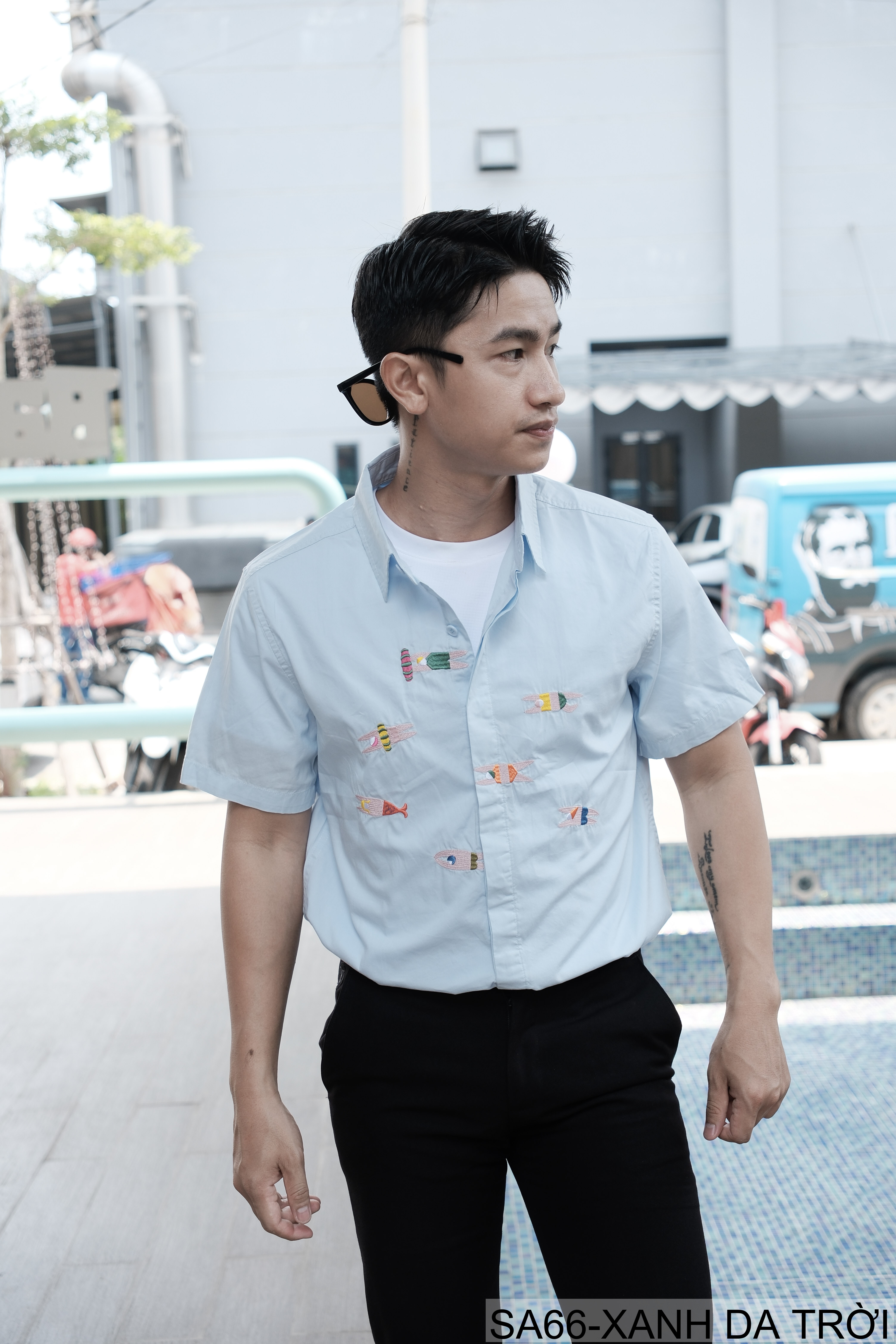 SA66 - Áo sơ mi nam ngắn tay thêu cá kiểu Nhật, cotton 100%, form rộng thoải mái, phong cách tươi mới_thumbnail_7