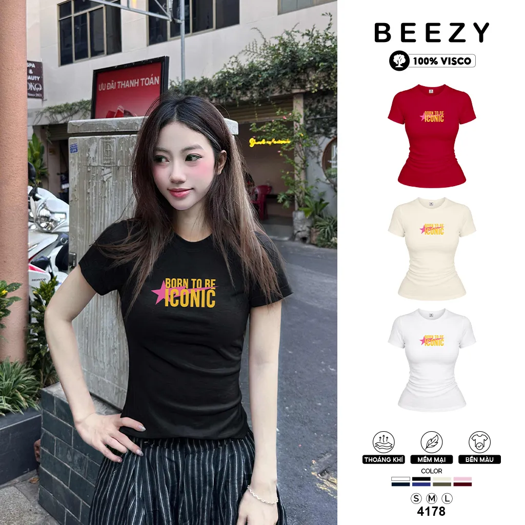 Áo thun baby tee form ôm tôn dáng phối chữ Beezy 4178