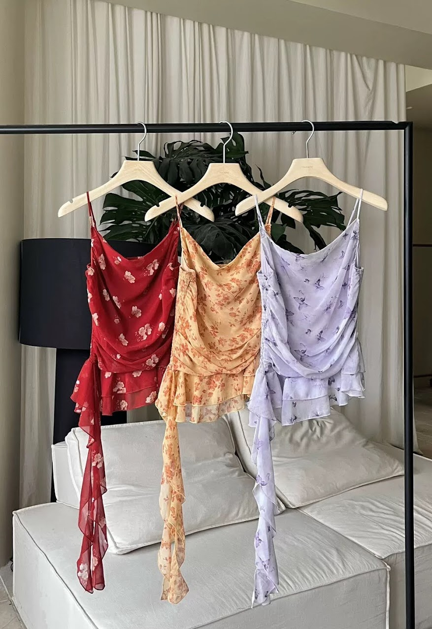 Lucas - Áo sơ mi 2 dây hoa voan cổ đổ rúm thân gấu bèo 2 tầng vạt lệch 1 bên_thumbnail_1