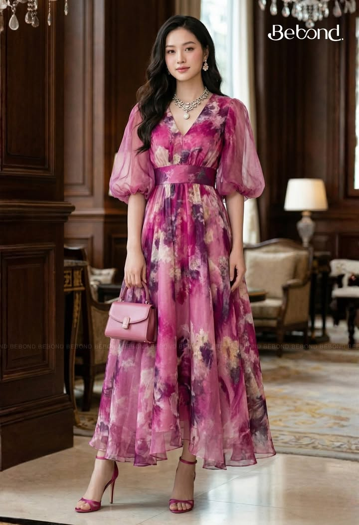 Váy tơ dài tay bồng CAELIS màu HỒNG