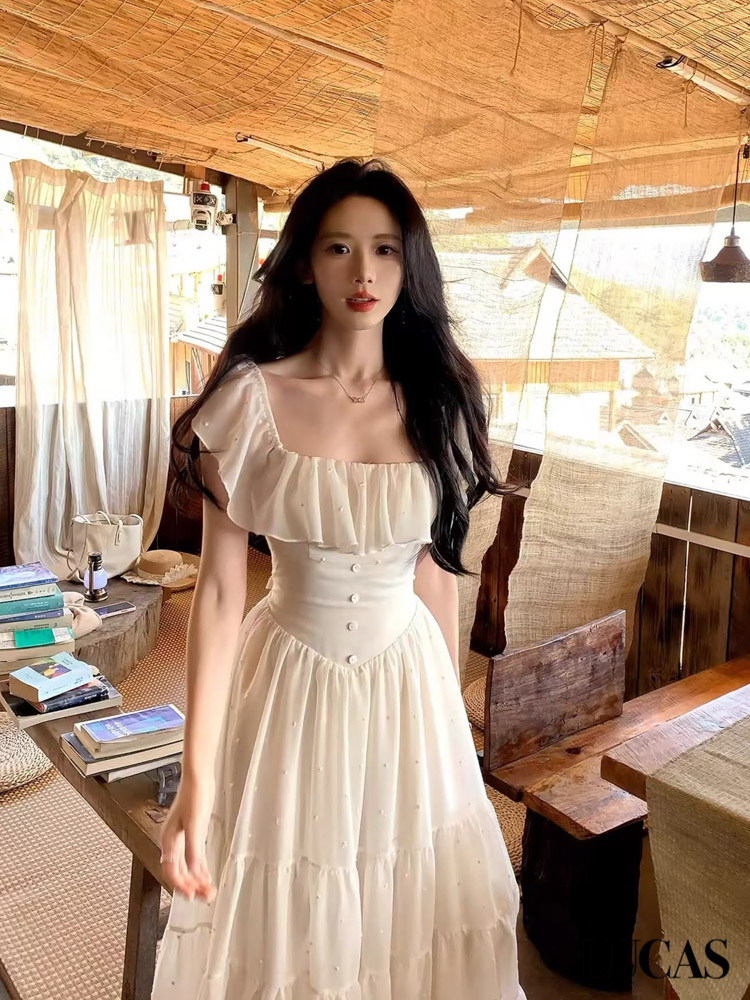 Váy maxi voan cổ vuông bèo viền cổ, tay hạ eo chéo đính cúc bọc, chân váy xòe nối tầng_thumbnail_4