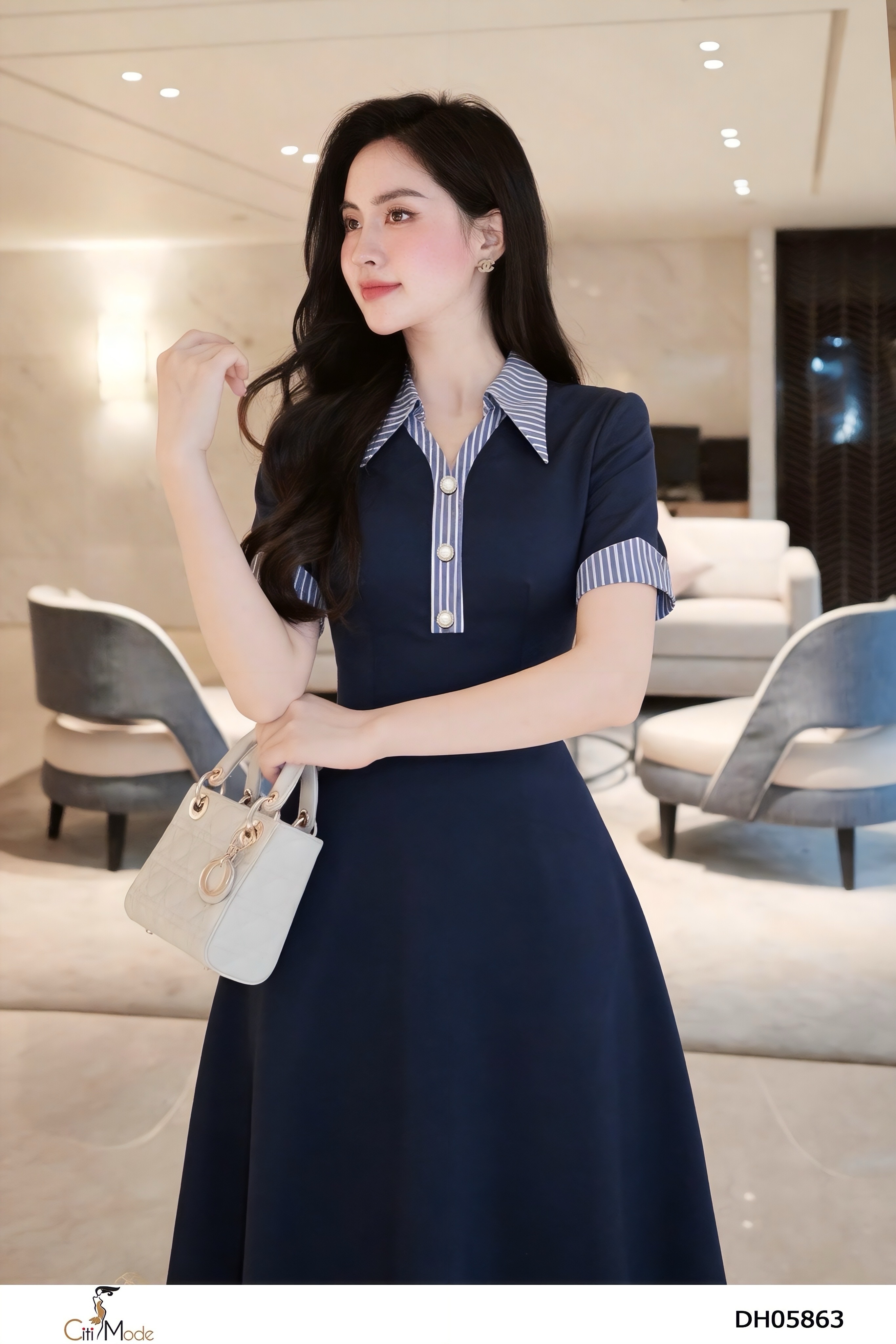 Đầm xòe tím cô đức phối kẻ tay cọc_thumbnail_2