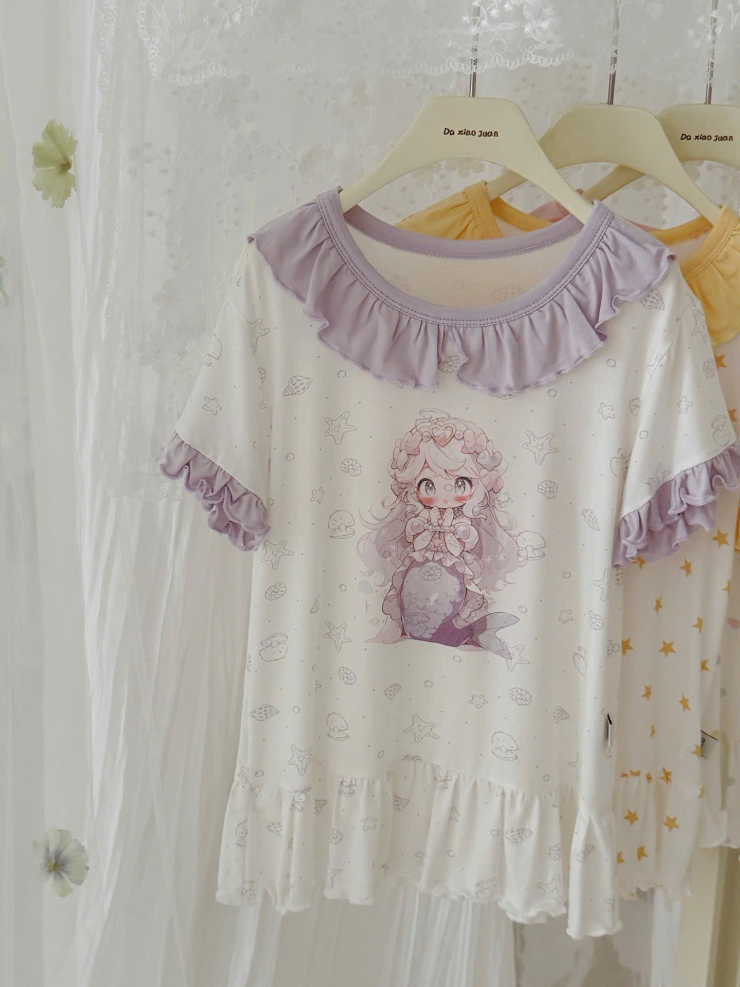 V36 - Váy ngủ cổ bèo hoạ tiết tiên cá màu tím hãng Hey Honey