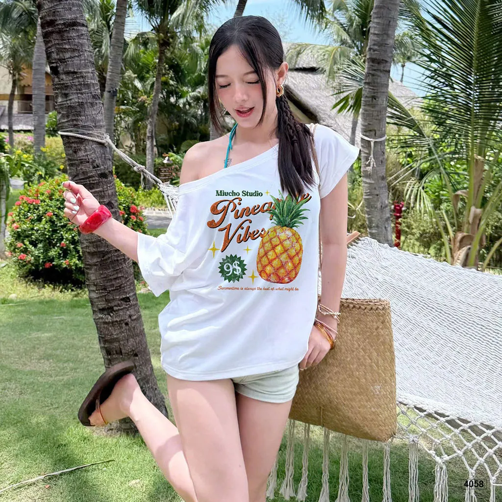 Áo thun nữ form rộng lệch vai phong cách mùa hè Miucho 4058_thumbnail_5