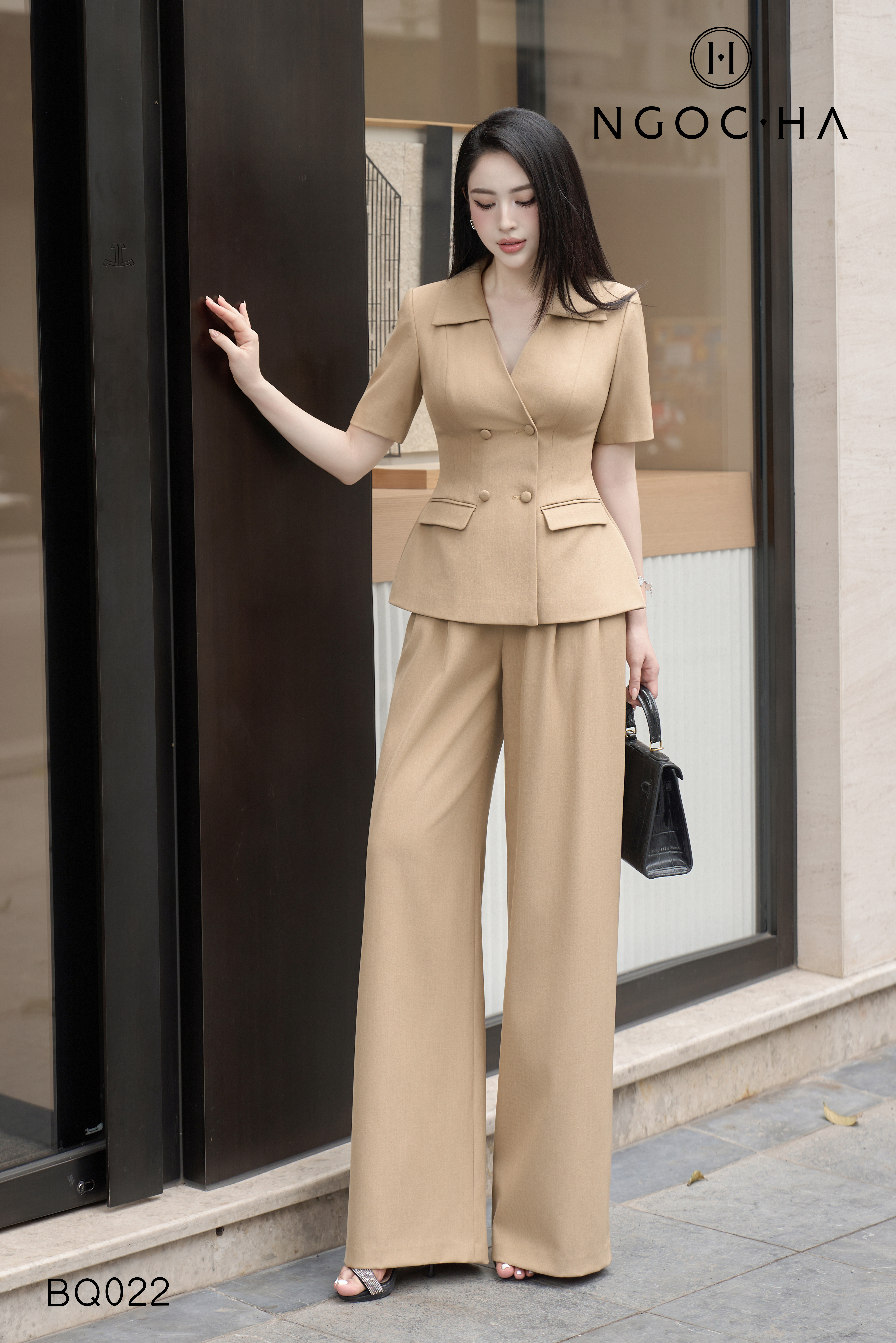 Maika Set _  Set Vest Chiết Eo Cổ V  Quần Suông Màu Bee Ngắn Tay BQ022_thumbnail_3