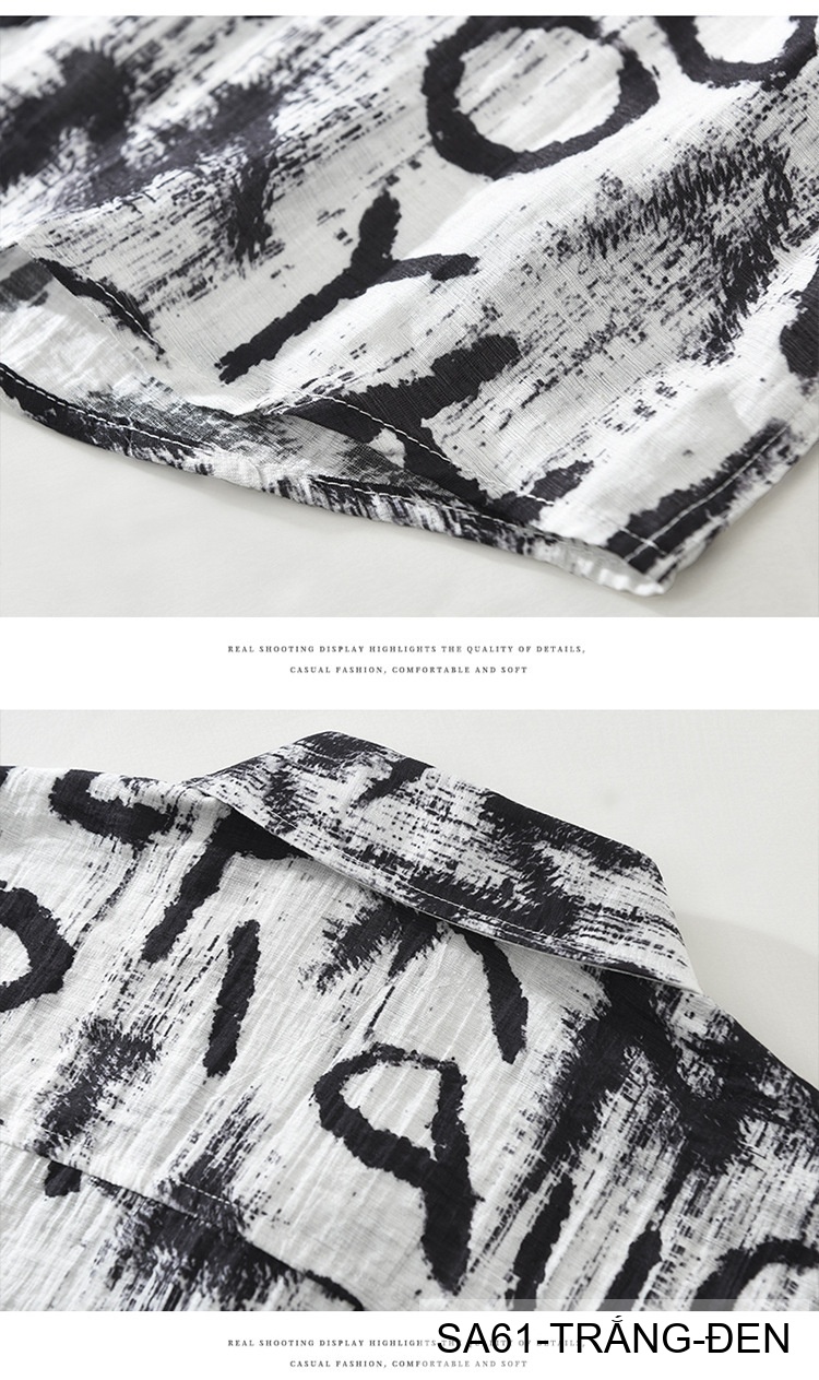 SA61 - Áo sơ mi nam tay ngắn in chữ nghệ thuật, form rộng, chất viscose mát mẻ, phối màu trắng đen_thumbnail_7