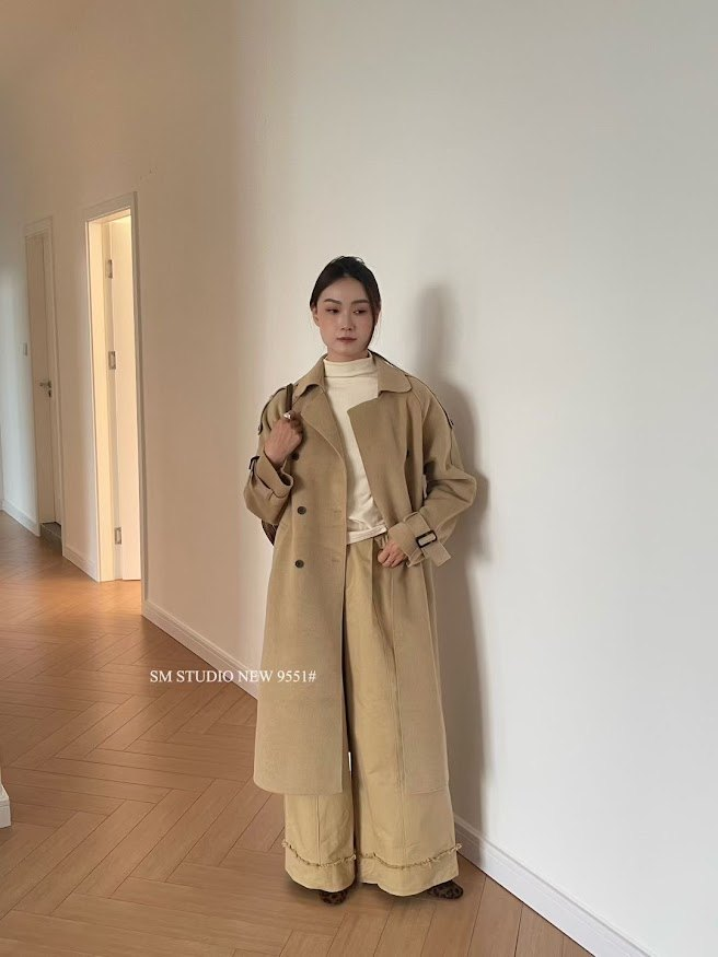 Áo khoác dạ sm cổ vest tay dài đai vai, đai tay dáng dài