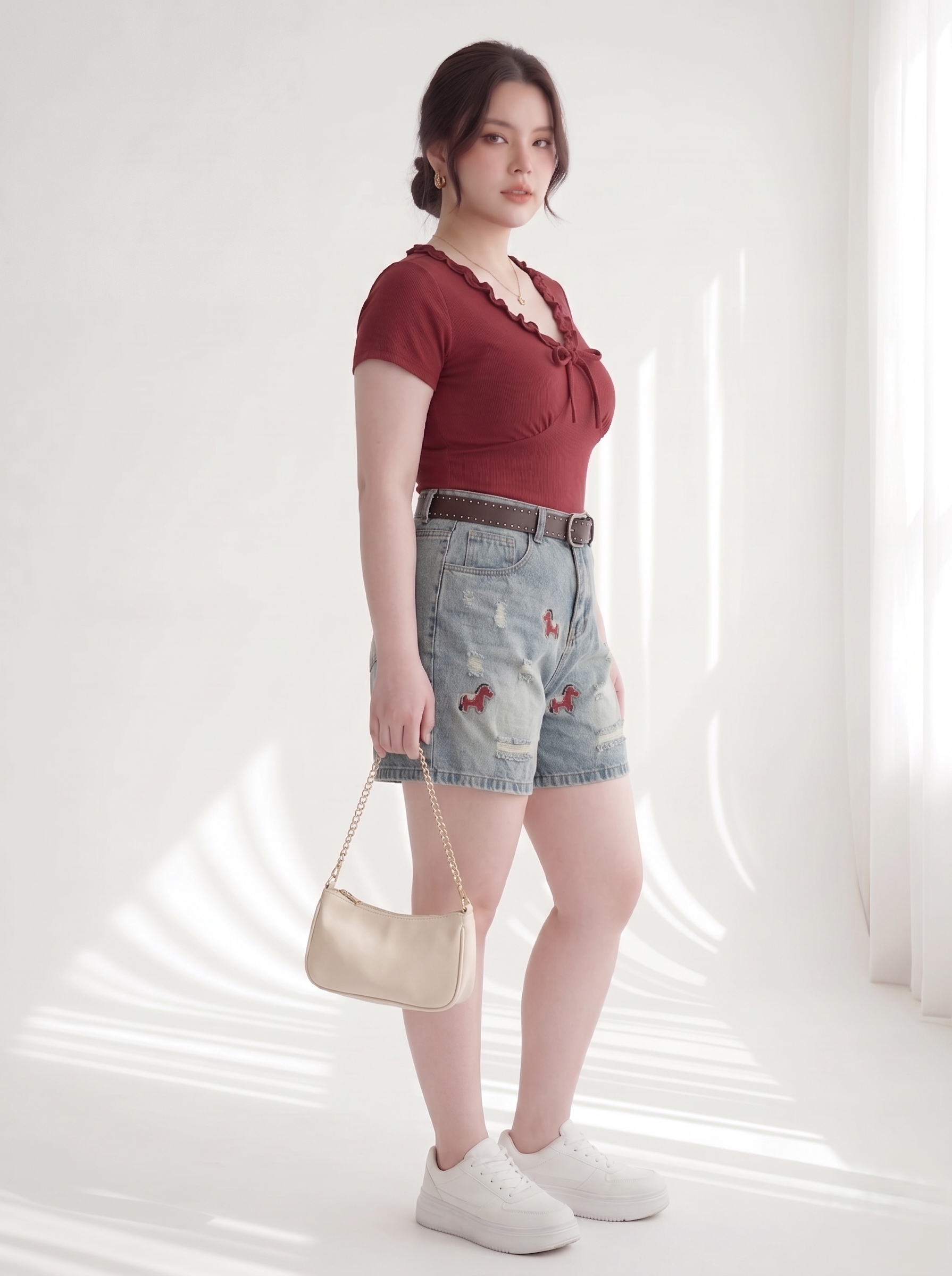 Quần short jean bigsize QSJ68 nhìn nghiêng kiểm tra độ ôm eo và độ dài quần