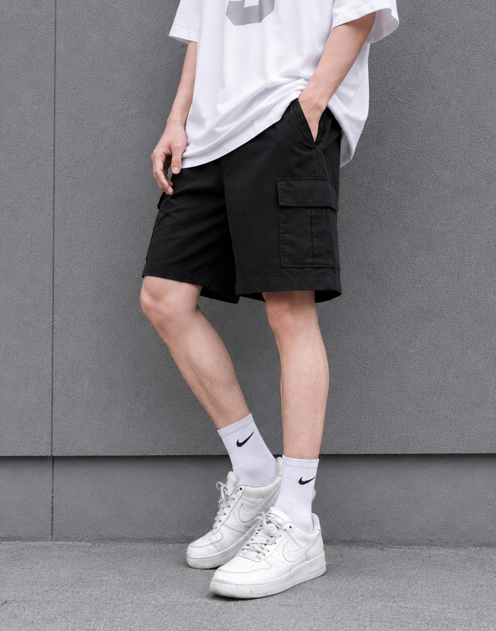Quần short kaki bé trai màu đen túi hộp 2 bên