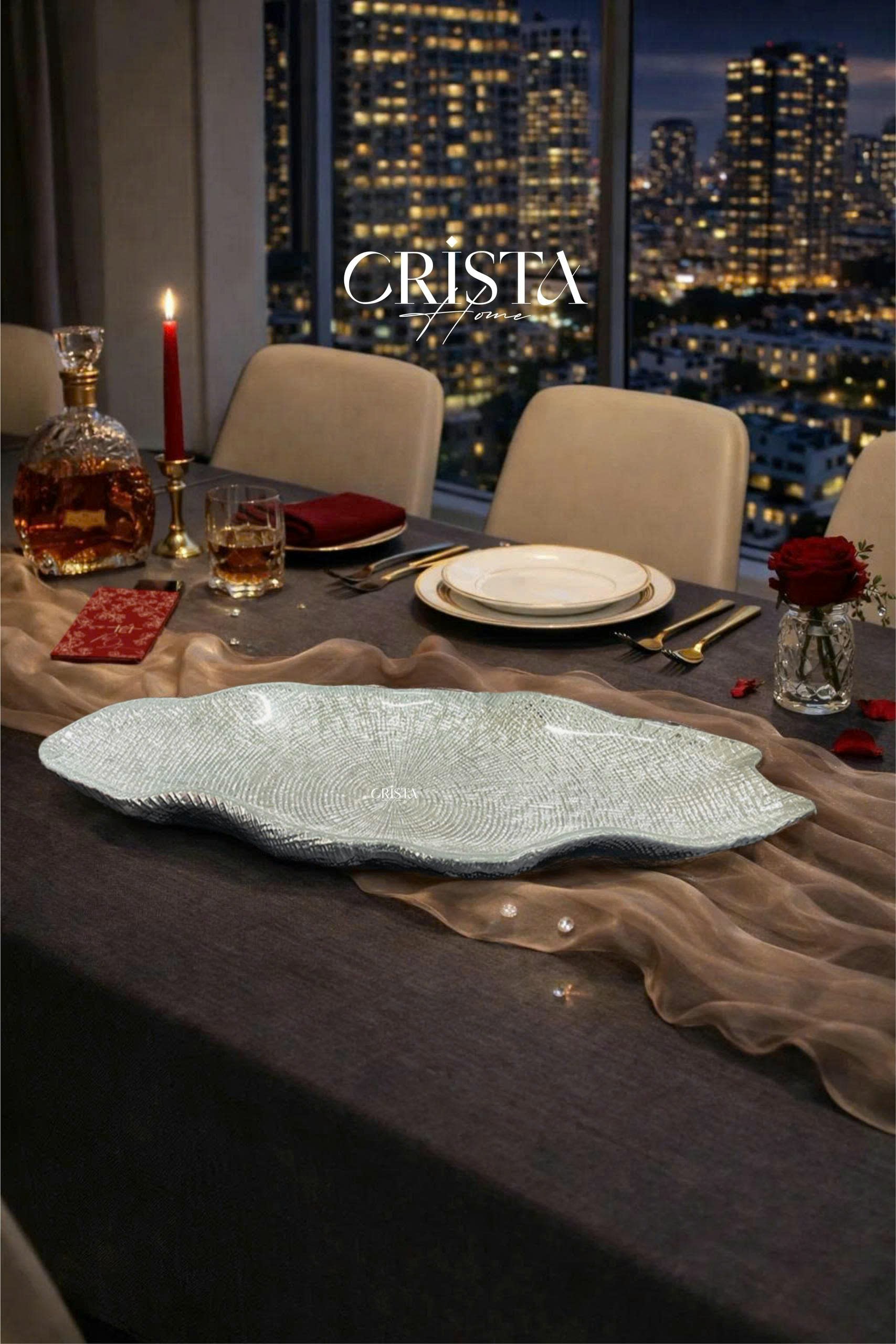 Đĩa bầu dục thủy tinh CRISTA HOME Vân lưới 43 cm, 60226_thumbnail_2