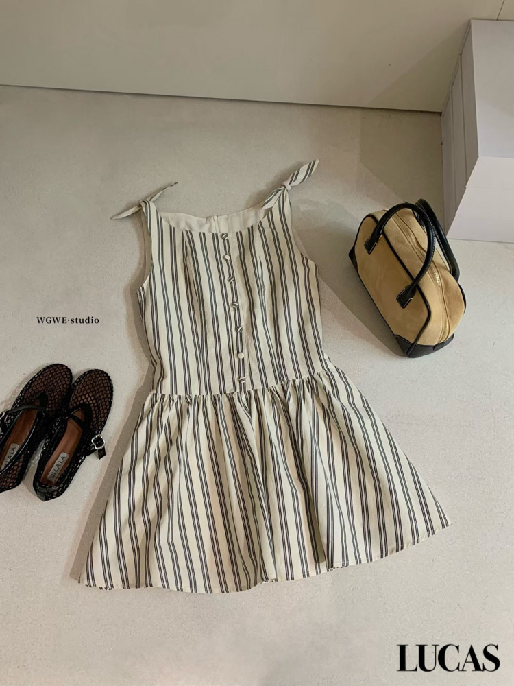 Váy thô dọc cúc bọc buộc nơ vai chân xòe hạ eo_thumbnail_6