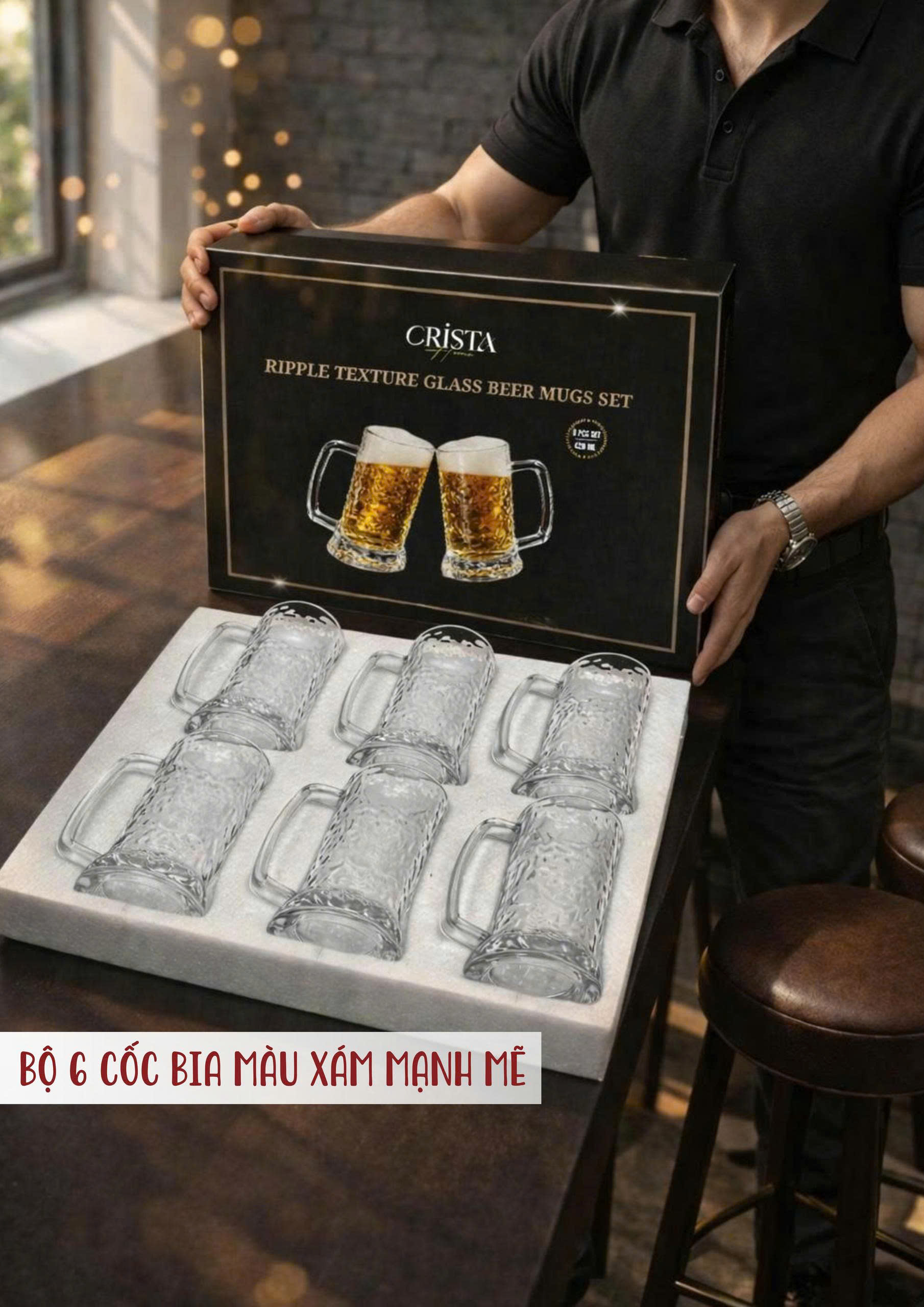 Bộ 6 cốc ly bia thủy tinh vân sóng nước có quai 420ml Crista Home_thumbnail_8