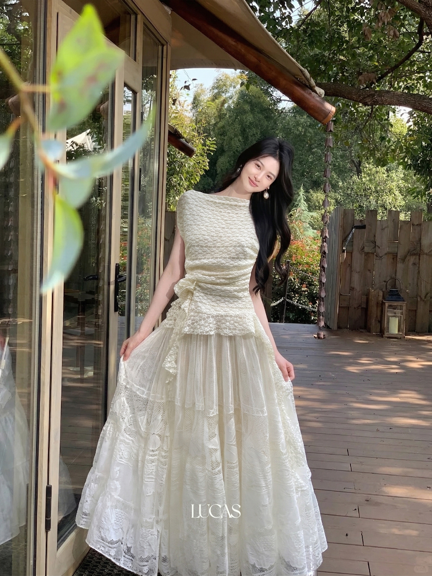 Set áo ren vân ngang cổ chớm chun eo bèo 1 bên + chân váy voàn ren dáng xòe maxi