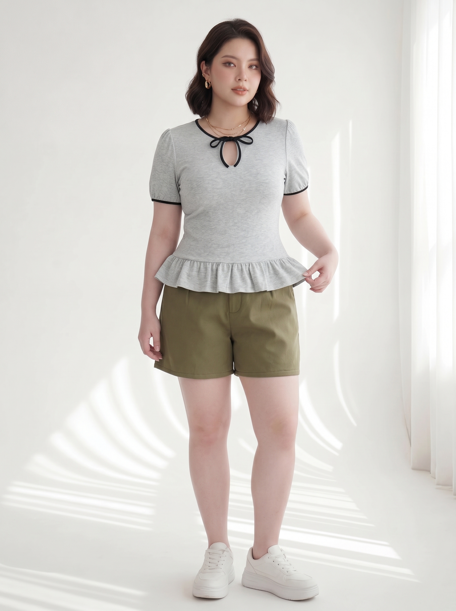 Áo Thun Nhún Bèo Phối Nơ Bigsize Form Peplum Tạo Eo Mềm Che Bắp Tay - Xám - Vừa 55-95kg - V-AK103