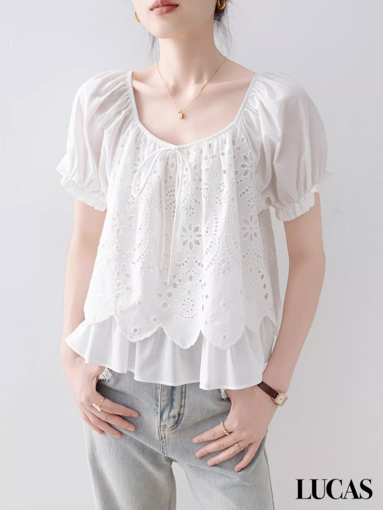 Áo sơ mi chui cổ vuông chun, buộc nơ cổ gấu xòe JIA