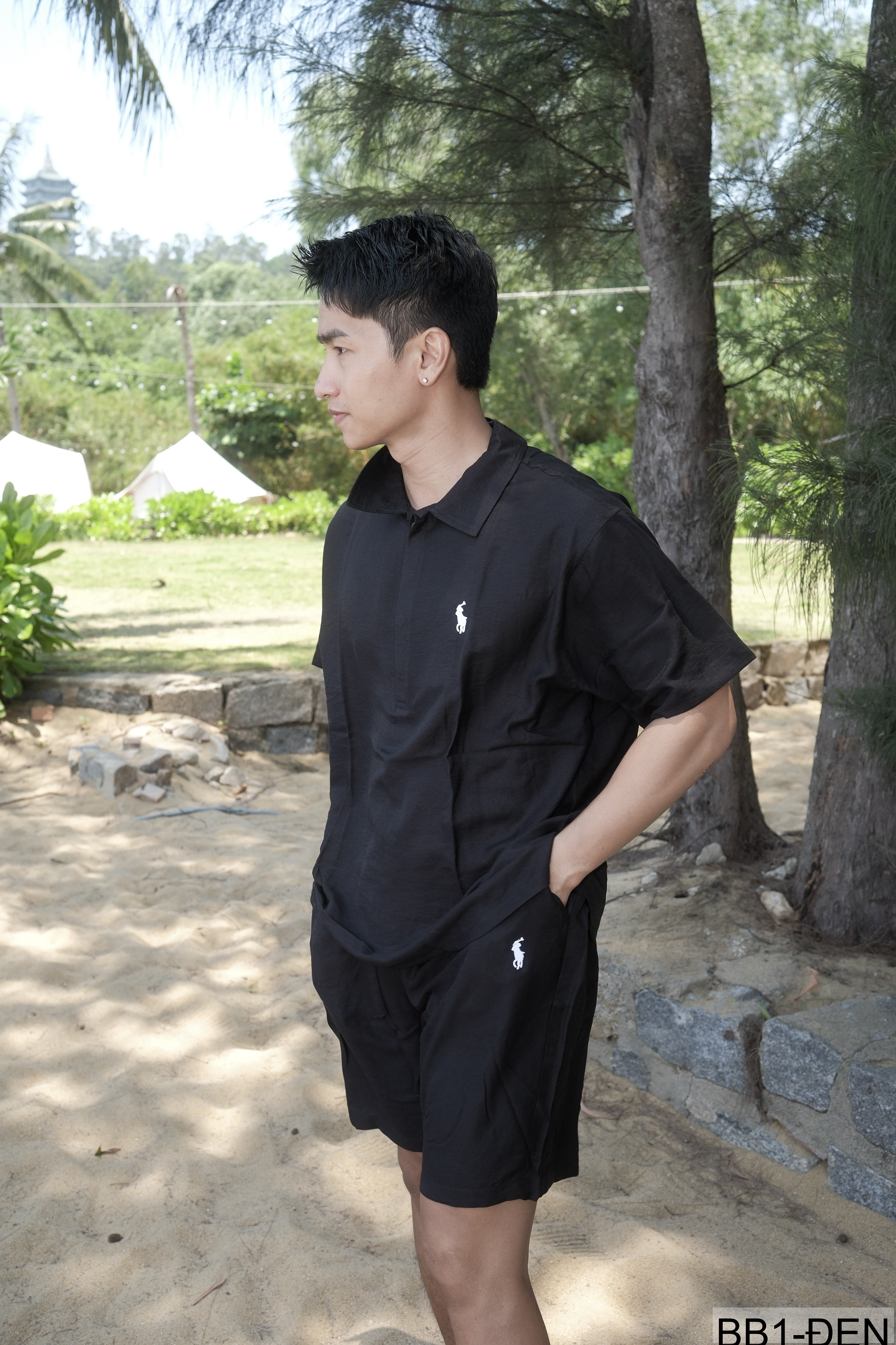 BB1 - Bộ đồ nam 2 món phong cách cực, áo sơ mi ngắn tay + quần short, chất liệu cotton thoáng mát, 3 màu Mi Trắng - Xanh Đậm - Đen_thumbnail_3