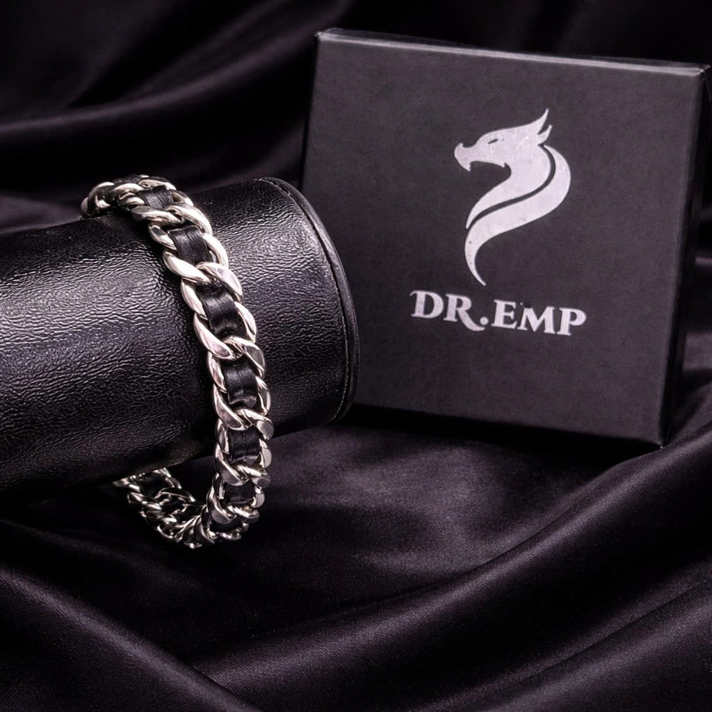 vòng tay xích kẹp dây da đen 19cm_thumbnail_2