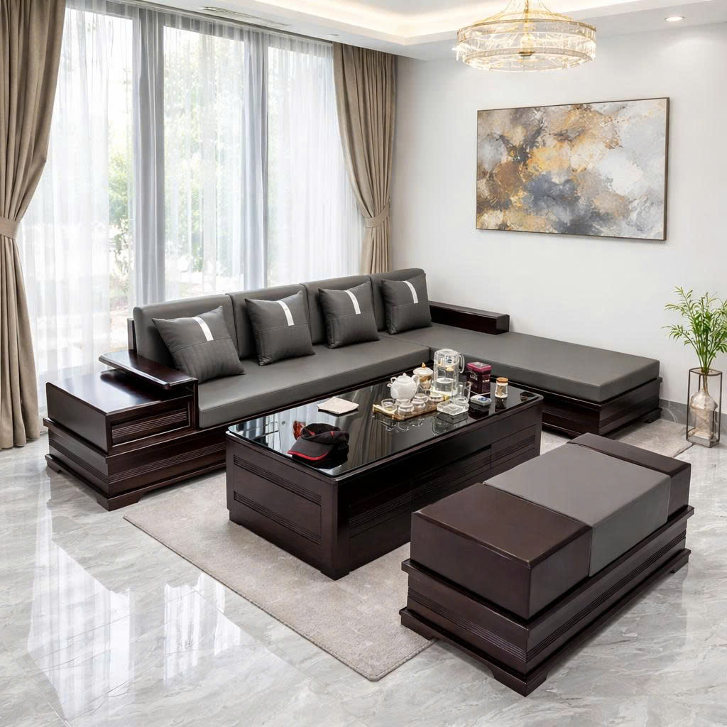 Sofa Gỗ Góc Chữ L chân pháo vế trái Hiện Đại Màu Nâu Cà Phê