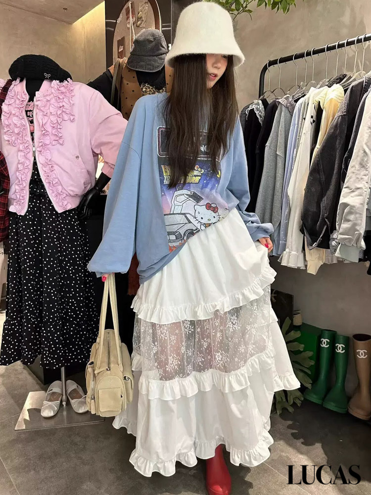 Chân váy dáng xòe cạp chun phối tầng ren giữa