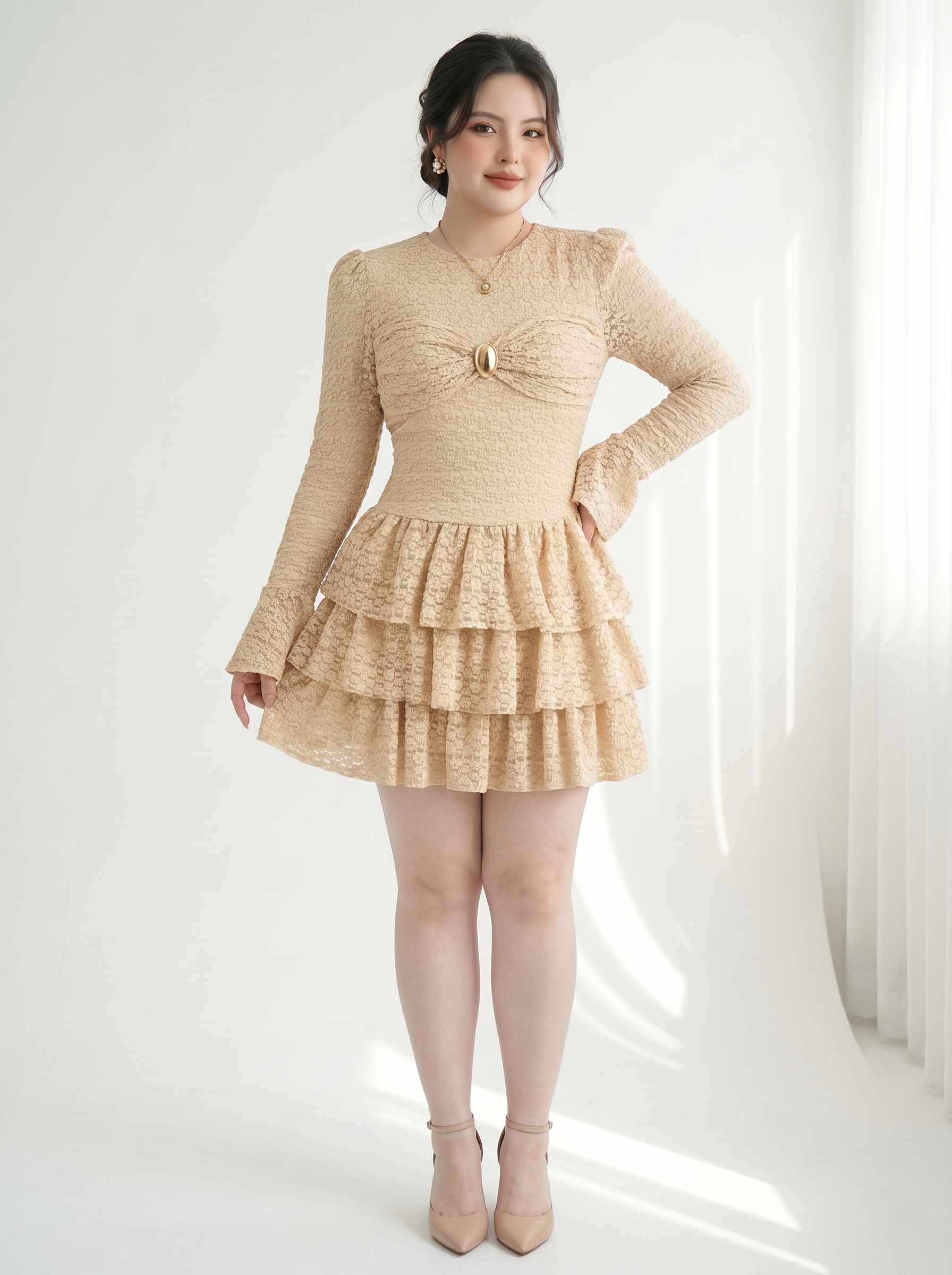 Đầm Ren Lưới Dáng A Tay Loe Bigsize Có Lót Quần, Tôn Eo Nhẹ Nhàng - Kem - Vừa 55-90kg - V-DA230
