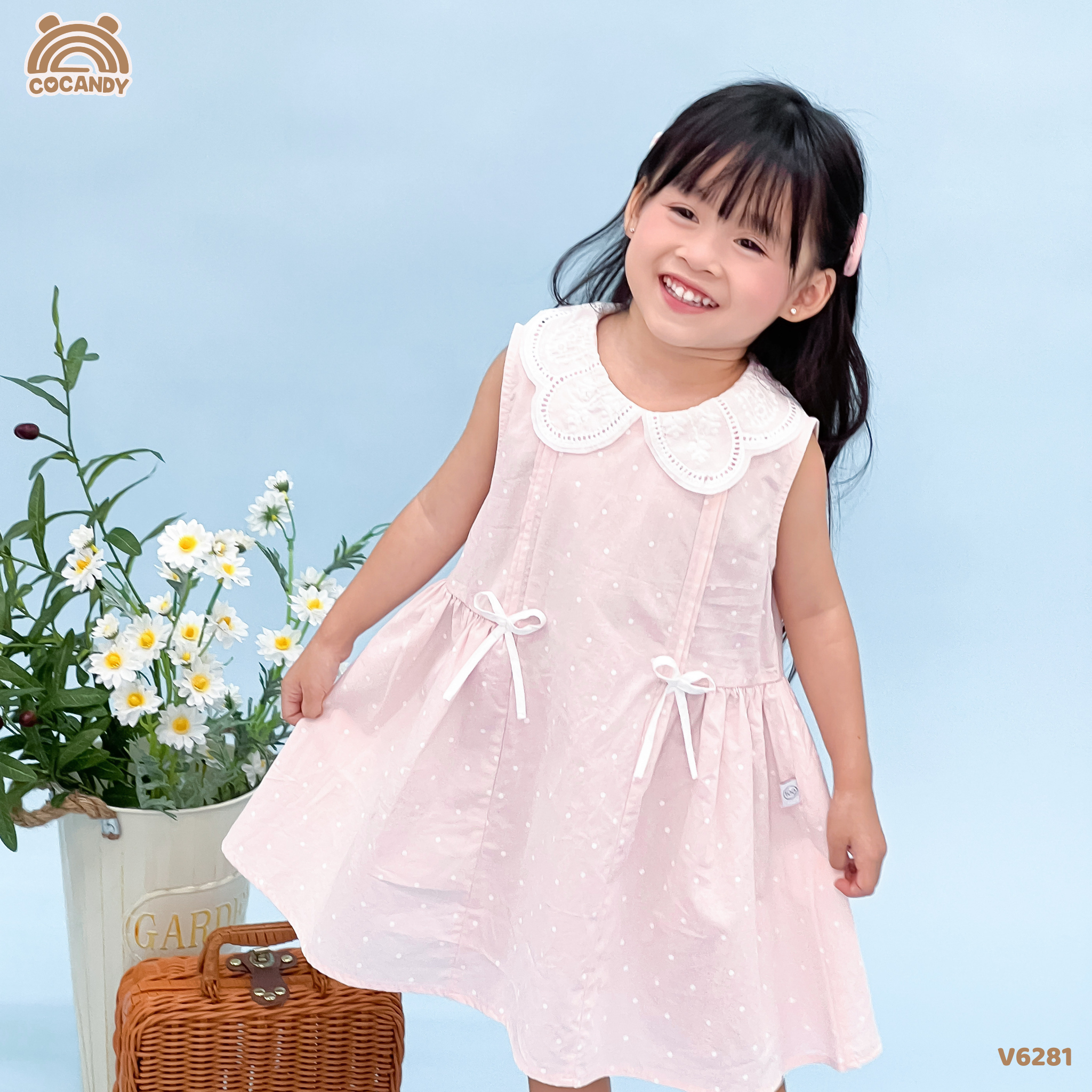 Váy sát nách HỒNG chấm bi nhún phối 2 nơ