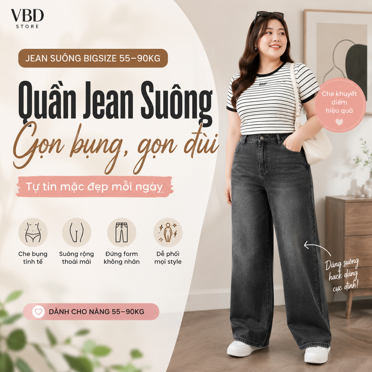 Quần Jean Suông Big Size Nữ Gọn Bụng, Gọn Đùi