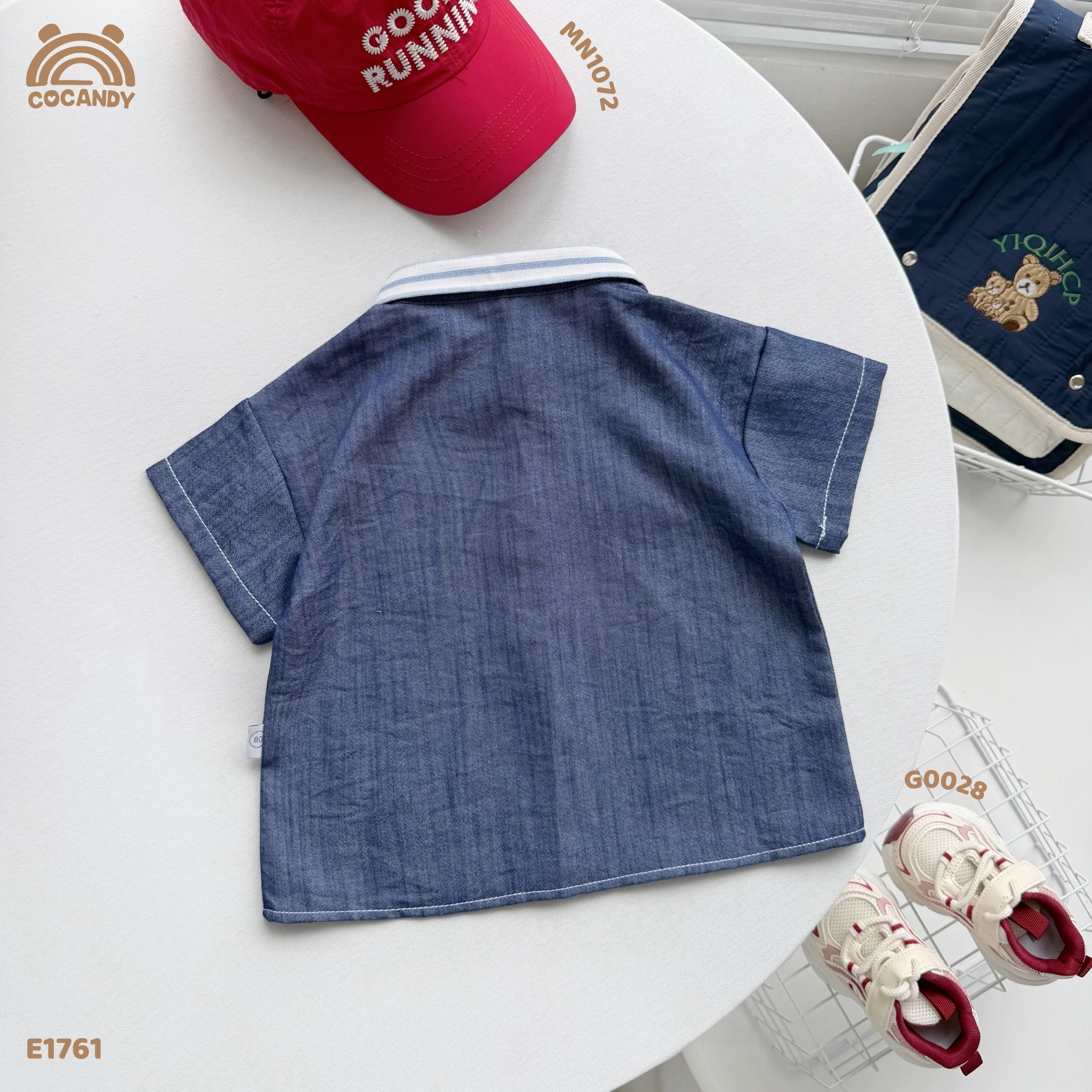 Áo cộc jeans XANH phối cổ sọc kẻ_thumbnail_6