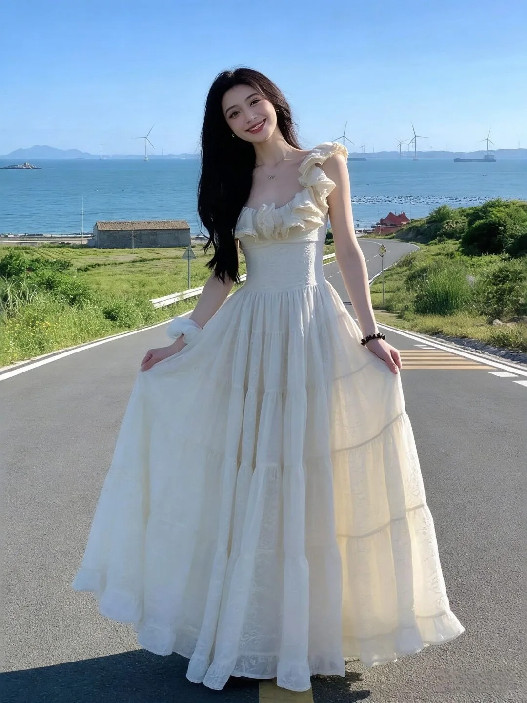Lucas - Váy 2 dây bèo viền cổ phối ren phần eo + chân váy xòe tầng dáng maxi_thumbnail_2