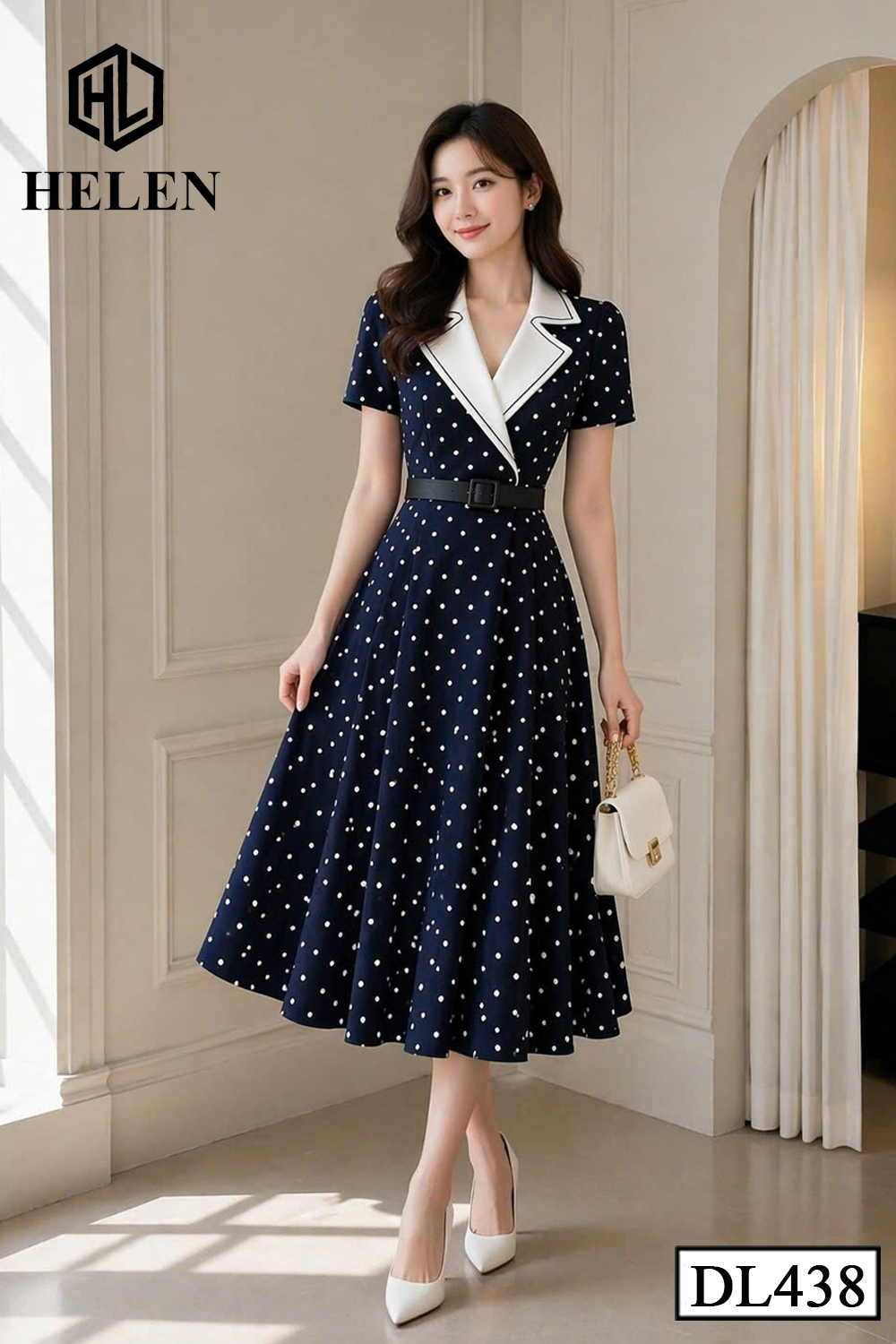 Đầm xòe XANH CHẤM TRẮNG phối cổ vest trắng DL438