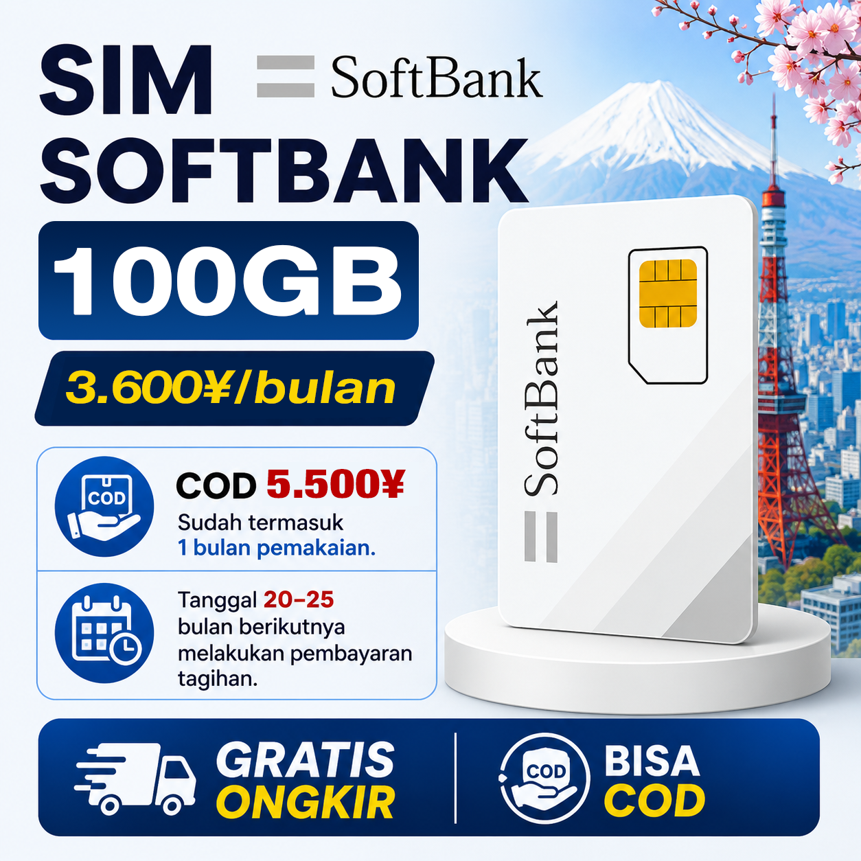 SIM DATA SOFTBANK 100GB – ¥3.600/BULAN