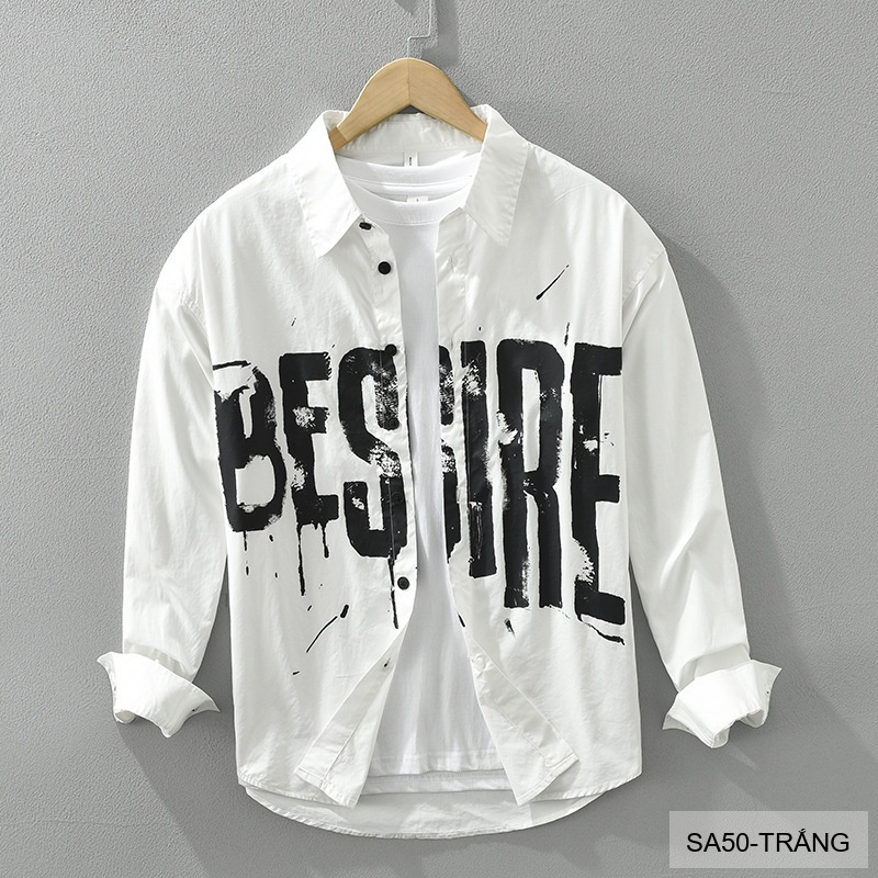 SA50 - Áo Sơ Mi Nam Dài Tay In Chữ Phong Cách Nhật Bản, Chất Cotton Mềm Mại, Phù Hợp Mặc Hàng Ngày