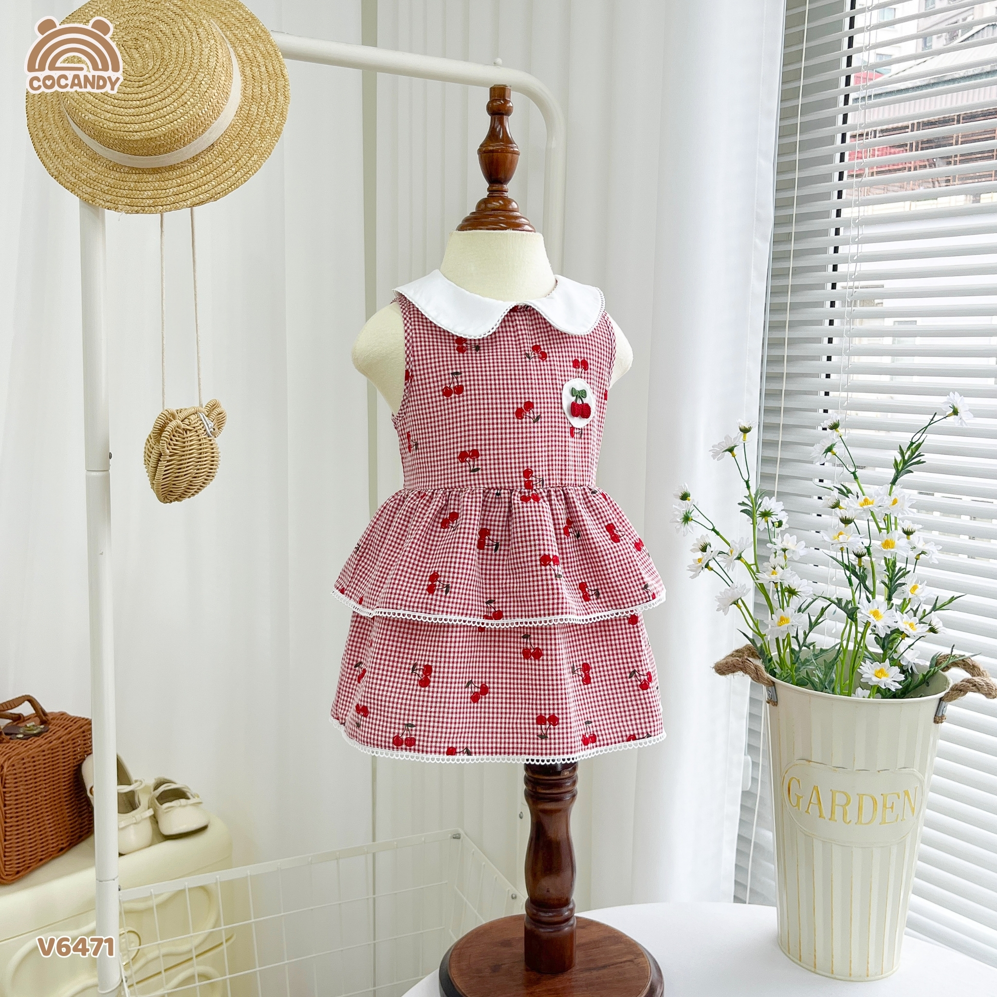 Váy sát nách thô caro ĐỎ hình cherry phối cổ sen_thumbnail_5