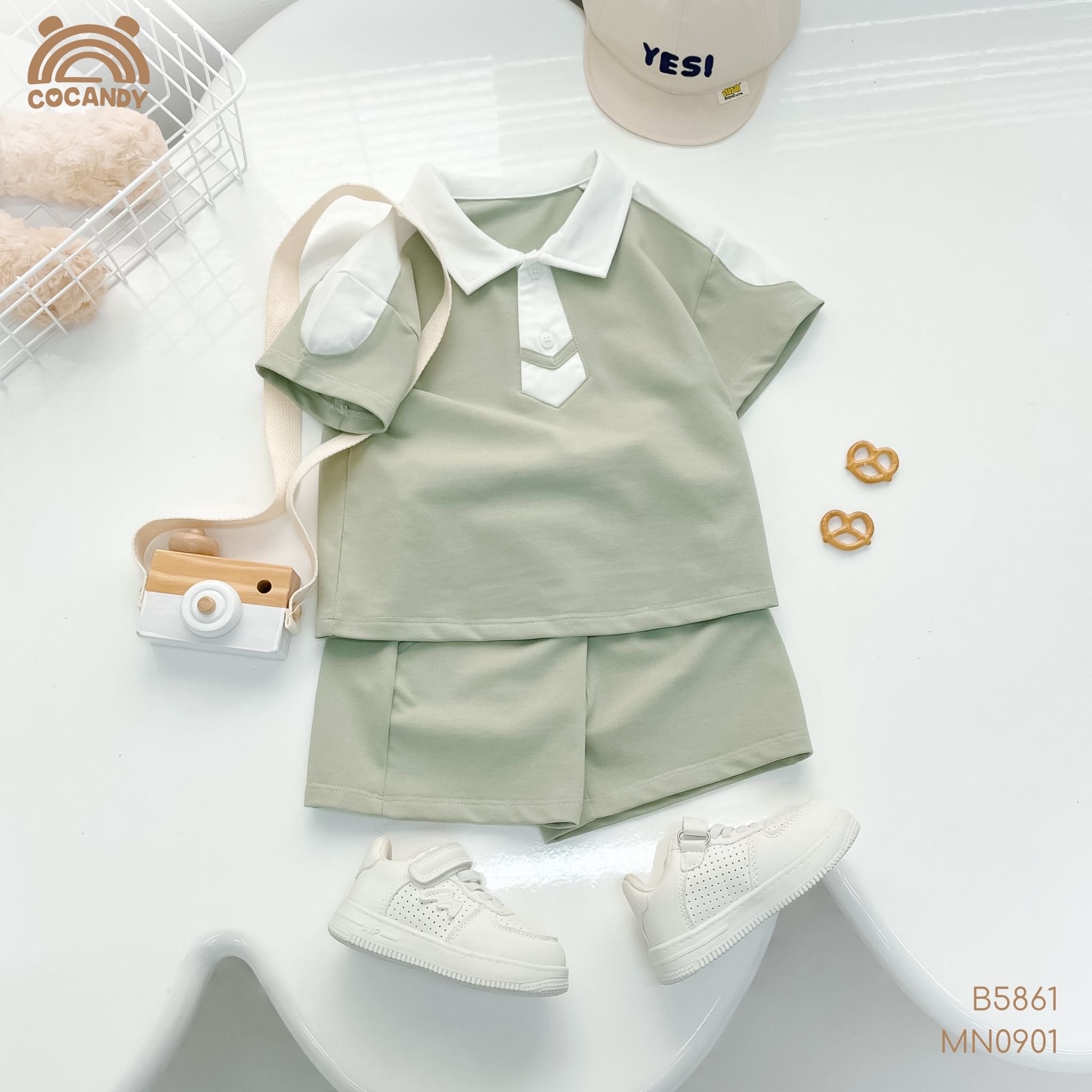 Bộ cộc polo XANH LÁ giả cổ cà vạt