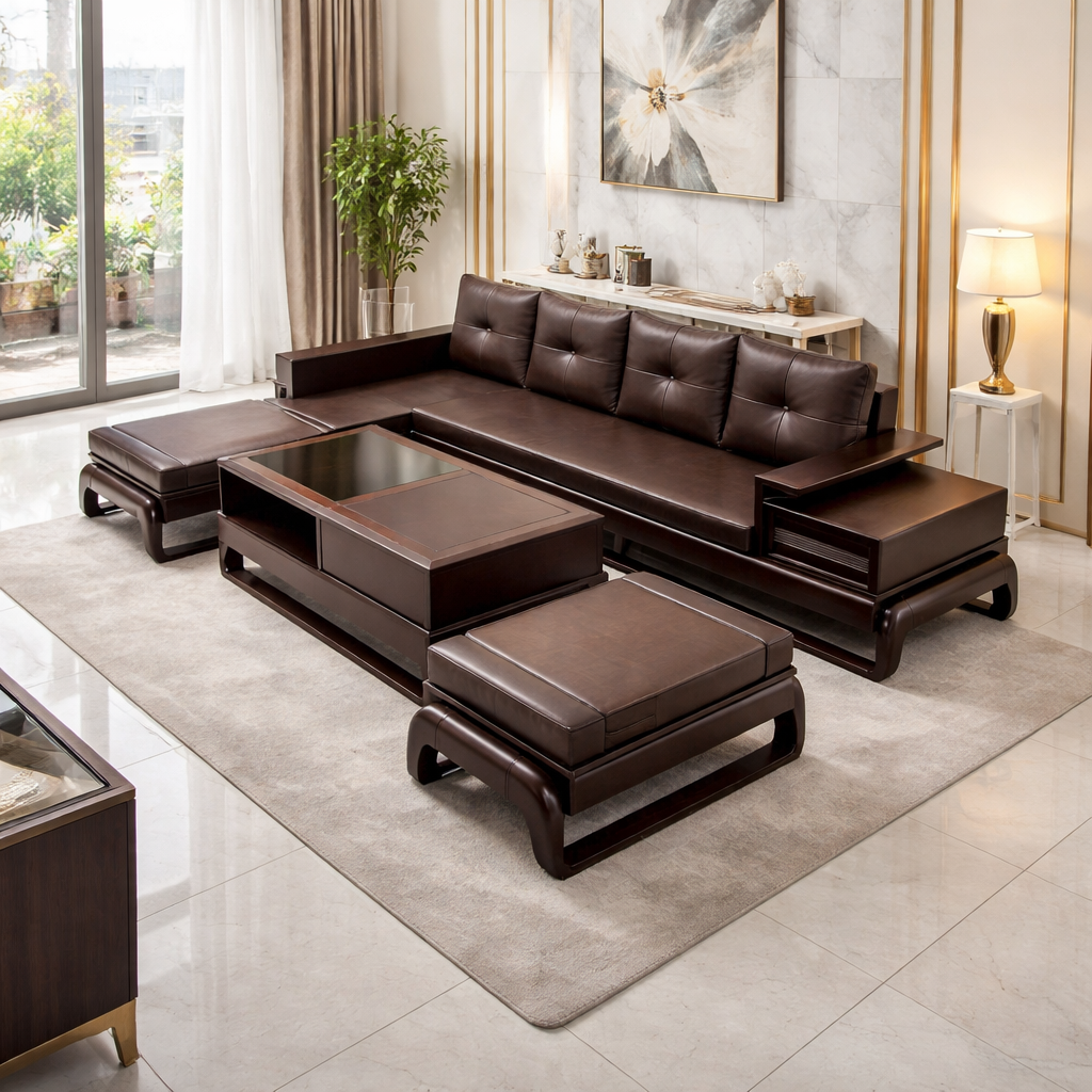 Sofa góc L chân gà vế phải màu óc chó