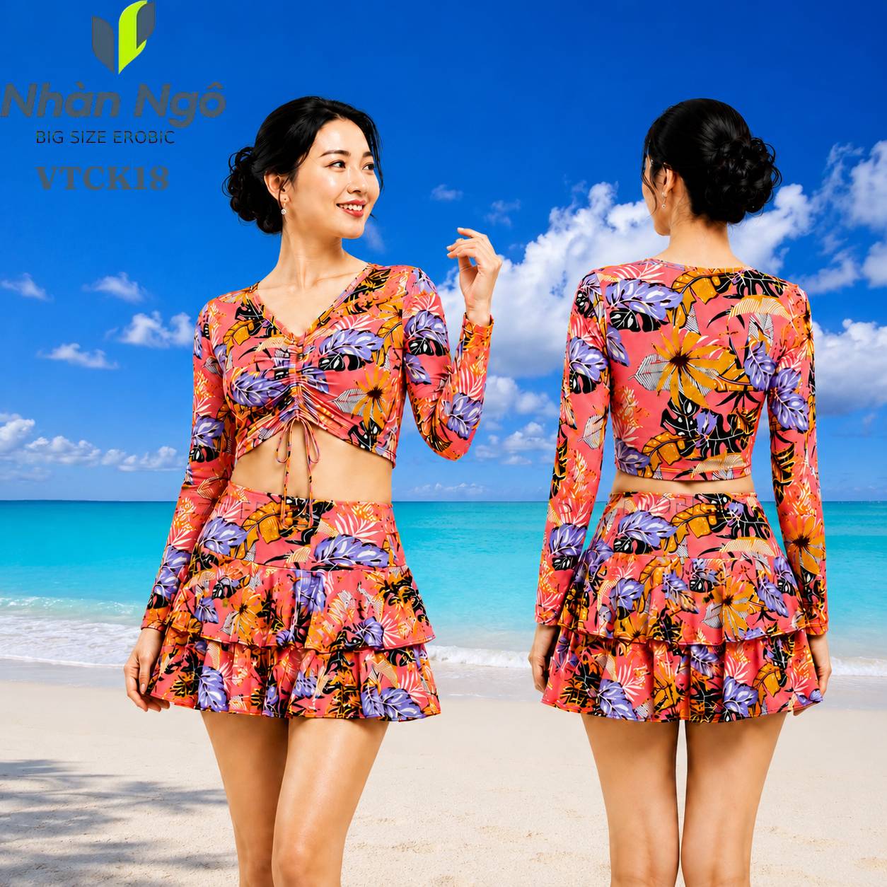 Đồ Bơi Nữ Trung Niên Tay Dài Váy Tầng Che Bụng Kín Đáo VTCK_thumbnail_2