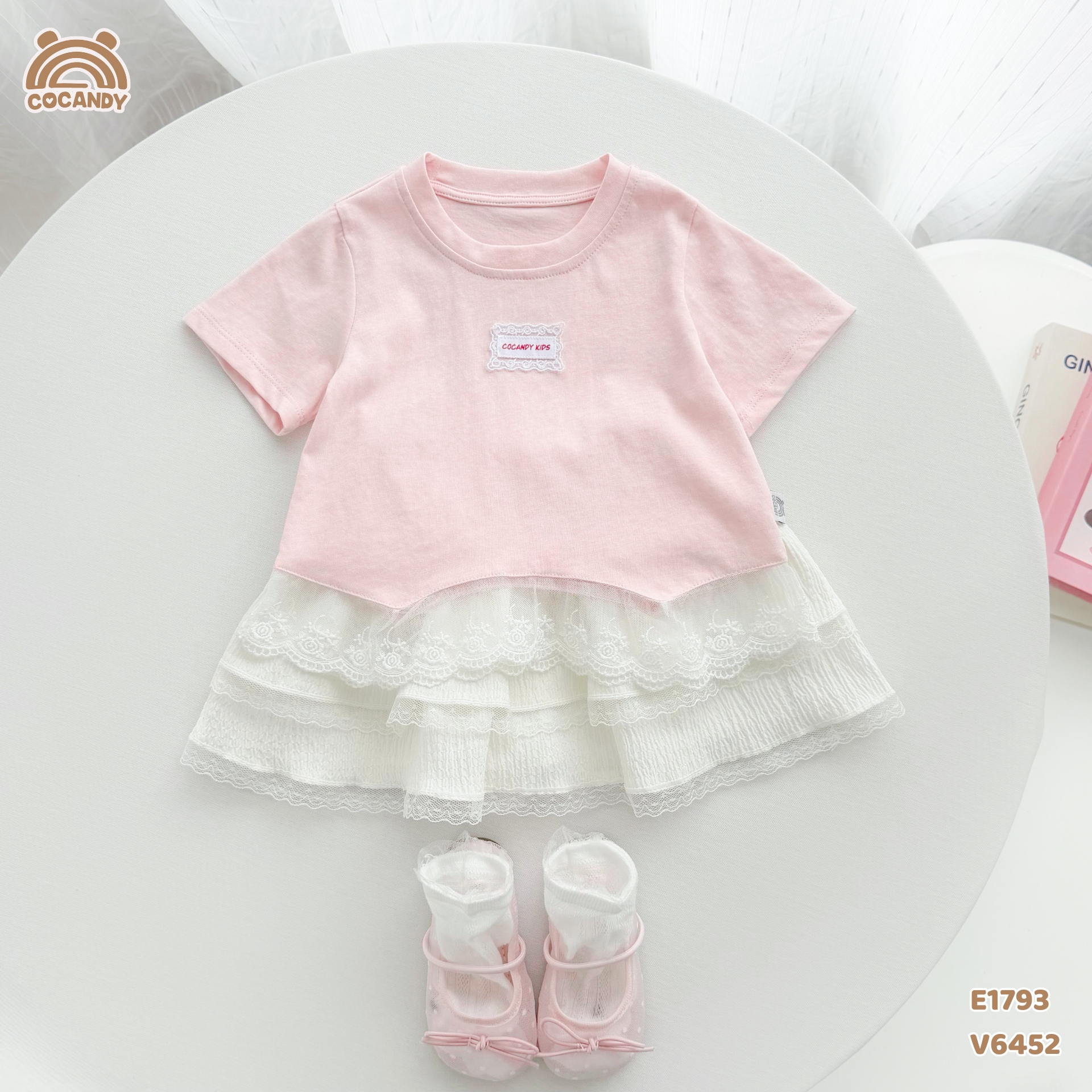 Áo cộc cotton HỒNG phối bèo ren gấu