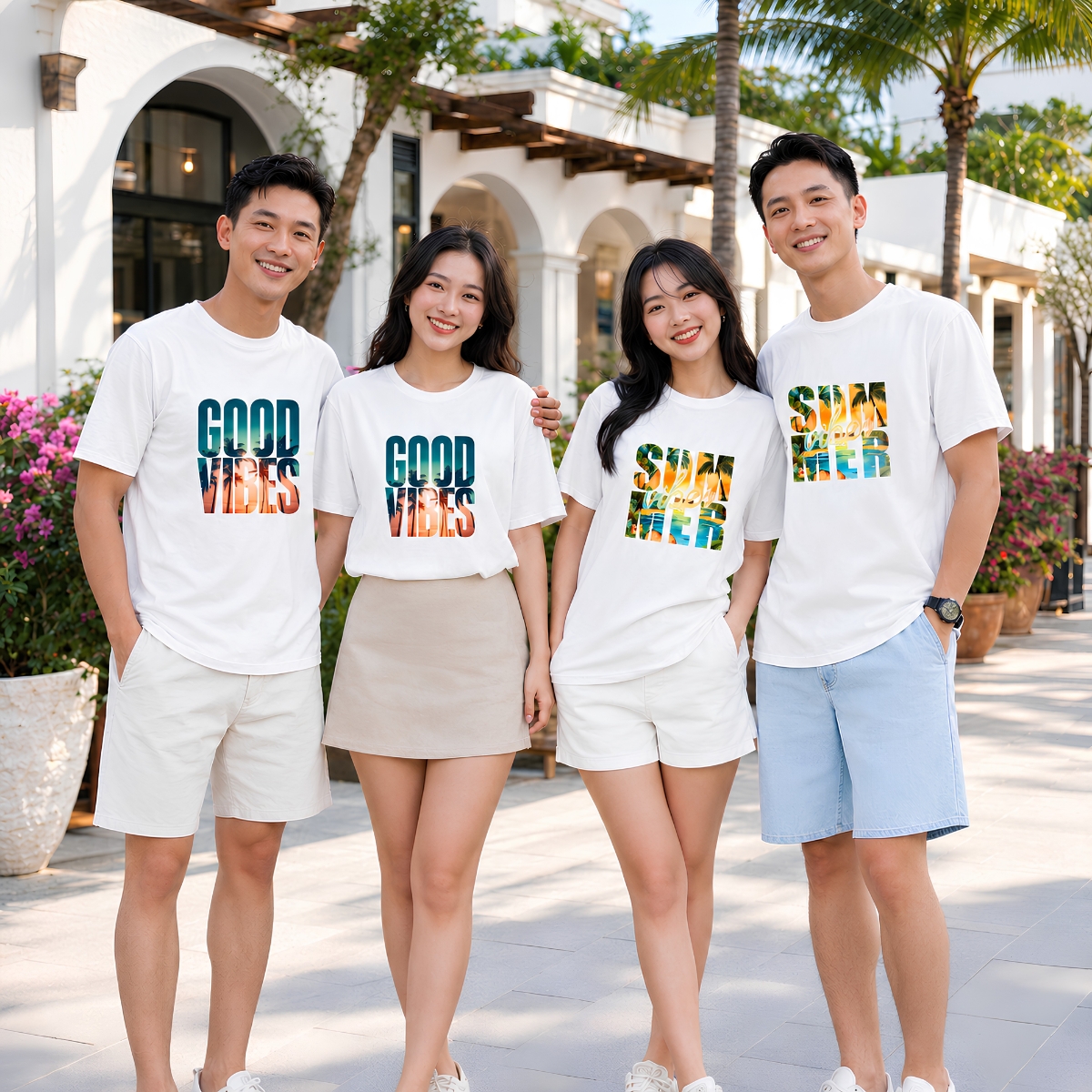 [Form rộng] Áo phông nam nữ đôi, hội, nhóm du lịch màu trắng nhiều hình chữ-  LOZA  G001