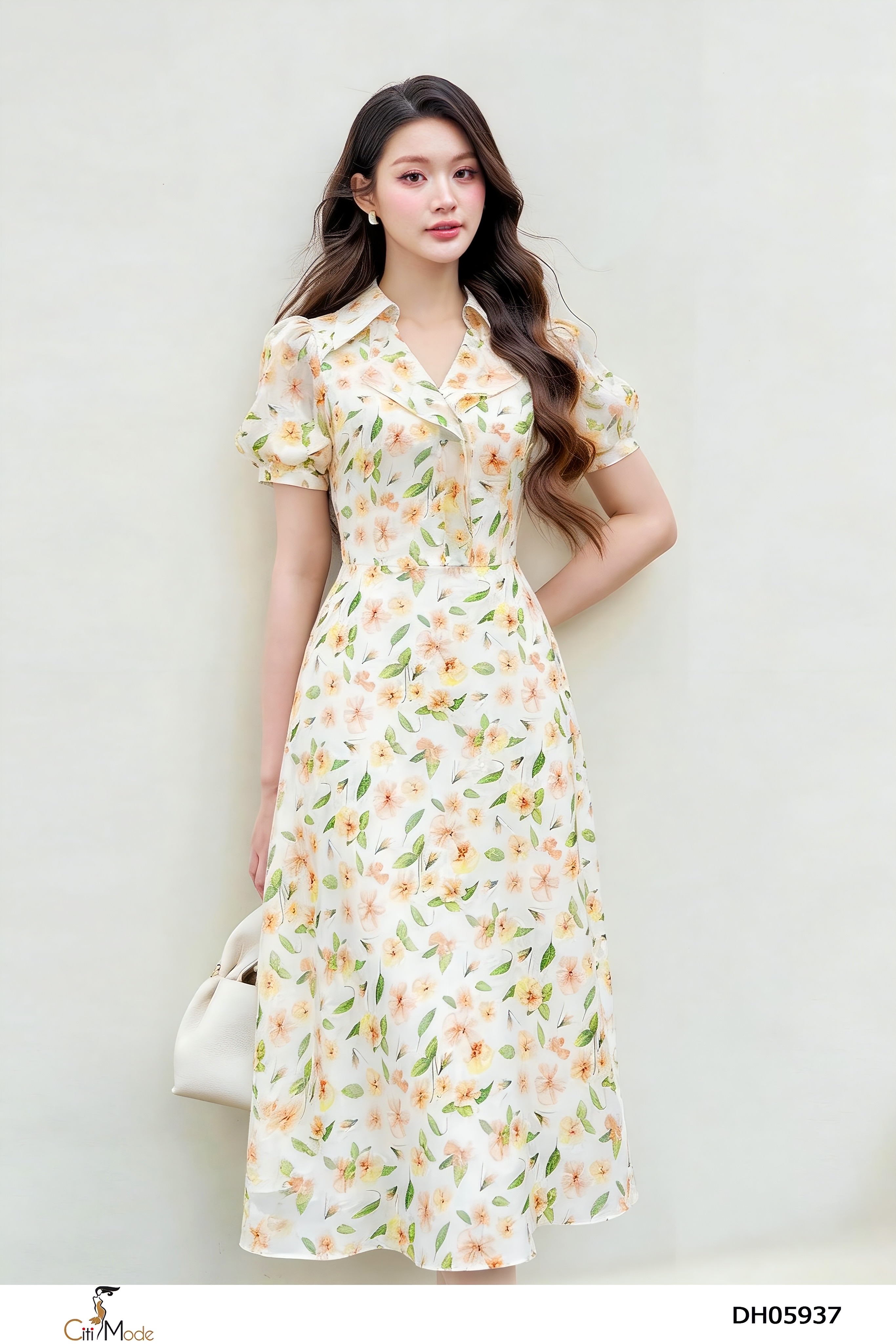 Đầm xòe hoa vàng cam cổ đức cách điệu tay cọc