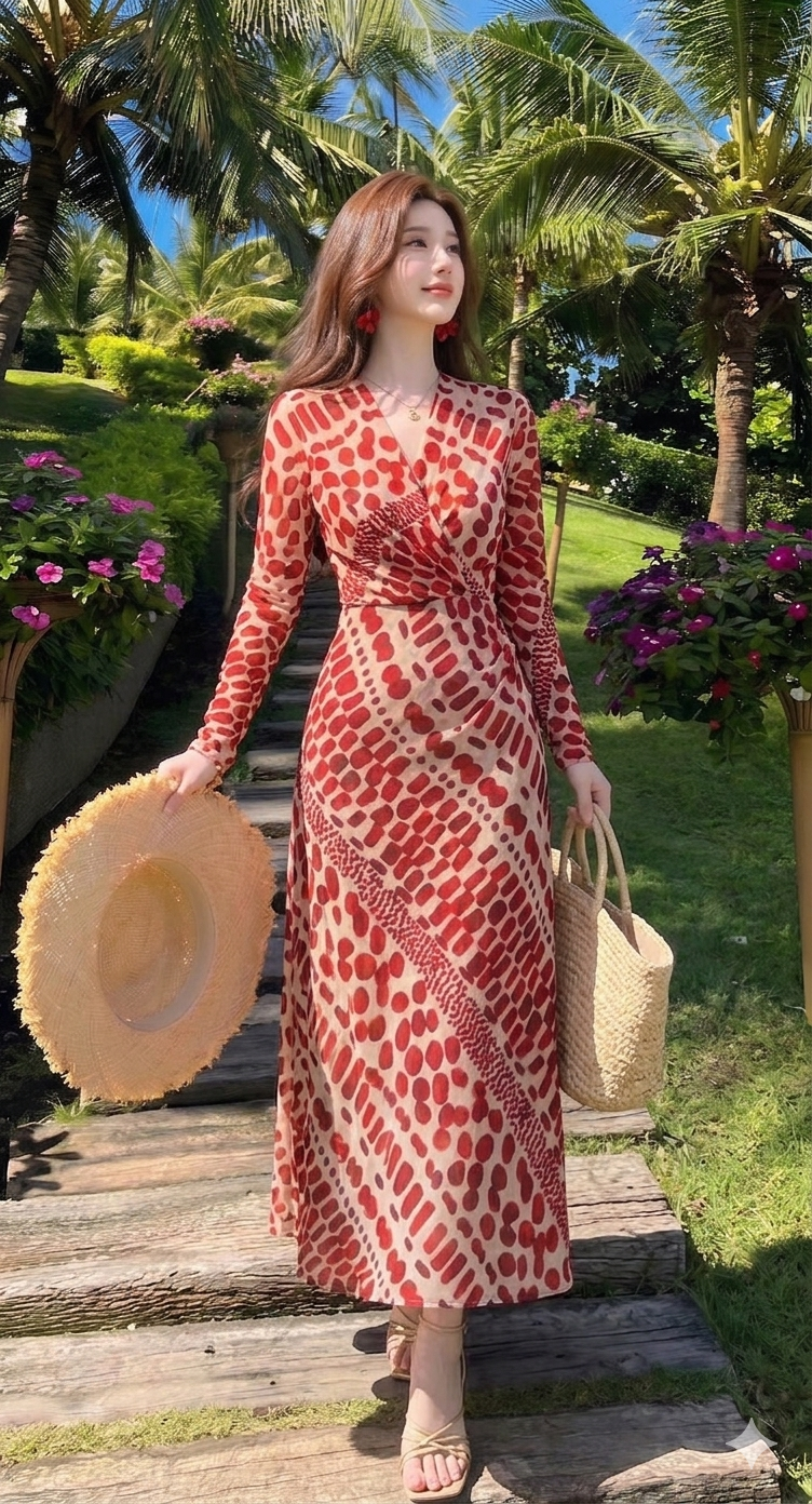 ✨ Đầm Họa Tiết Chiffon Nâu Đỏ ✨