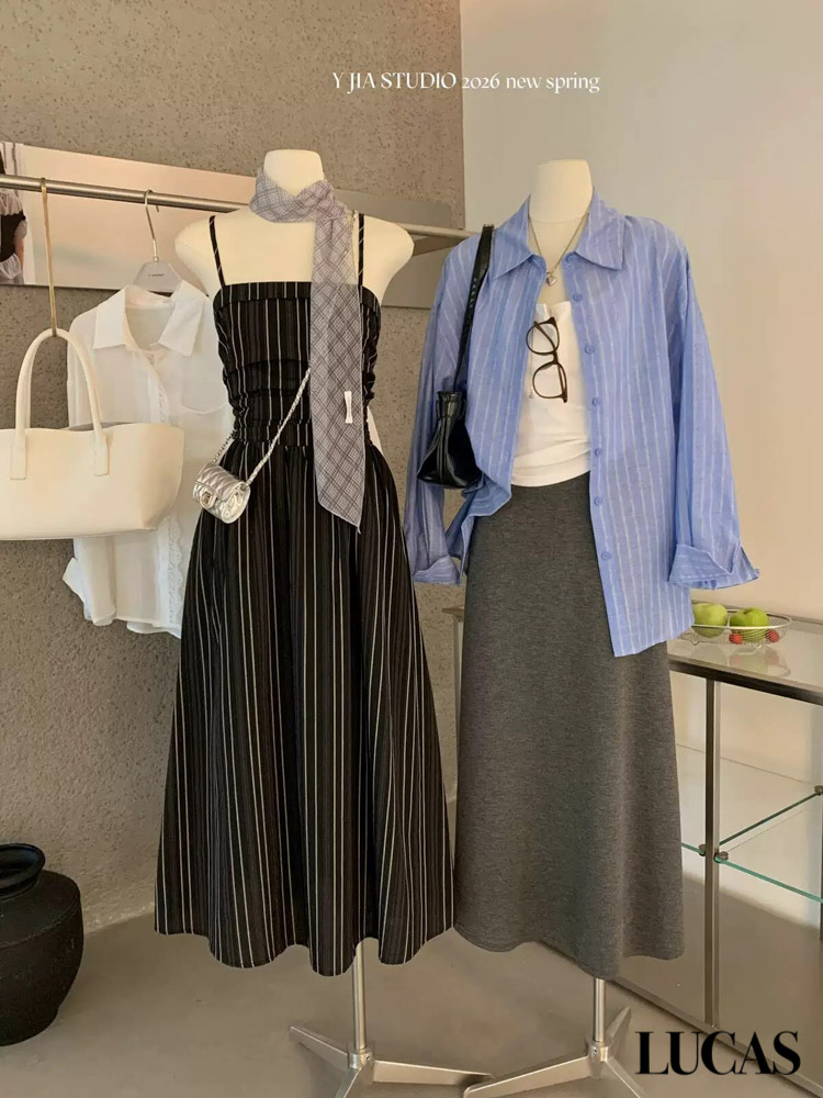 Váy maxi 2 dây ngang ngực vải sọc dọc + belt da đen_thumbnail_6