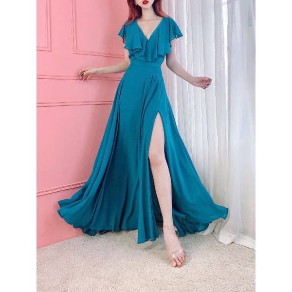 Party Maxi Dress V Neck Flare Skirt