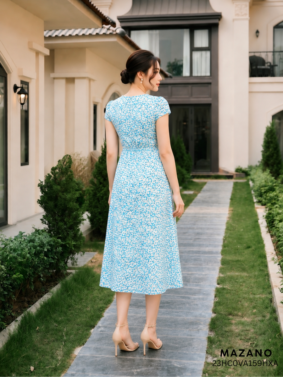 Váy Đầm ôm Chân rủ Vải thô mỏng Hoạ tiết hoa nhí Cổ V Tay ngắn Dài ngang bắp chân_thumbnail_2
