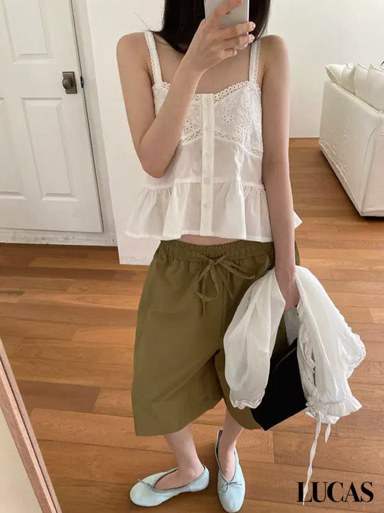 Áo sơ mi thô thêu hoa ngực phối viền ren chân ngực, cúc trắng 2 dây quai bản lớn gấu xòe_thumbnail_3