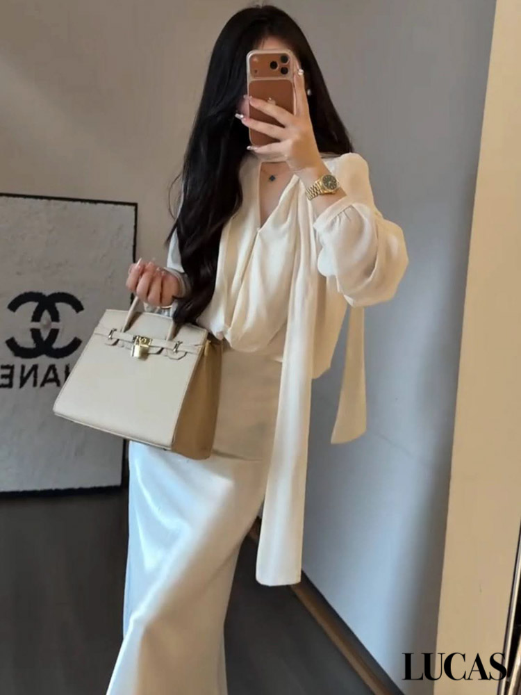 Set áo sơ mi chui cổ tim dài tay may nối giữa áo + dây voan + chân váy đuôi cá lụa maxi