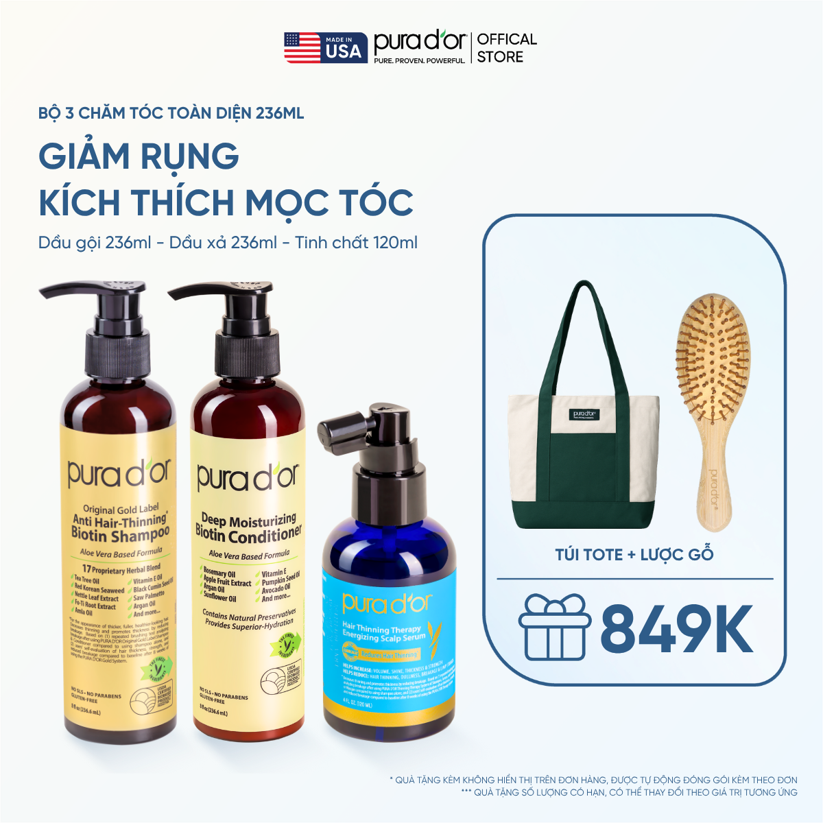 Combo 3 Bước Dầu Gội, Dầu Xả, Giảm Rụng Tóc Organic Pura D'or Biotin Gold Label 236ML | Chăm Sóc Tóc, Chăm Sóc Da Đầu, Dưỡng Tóc, Hỗ Trợ Mọc Tóc - Mega Livestream - Combo 3 bước 236ml
