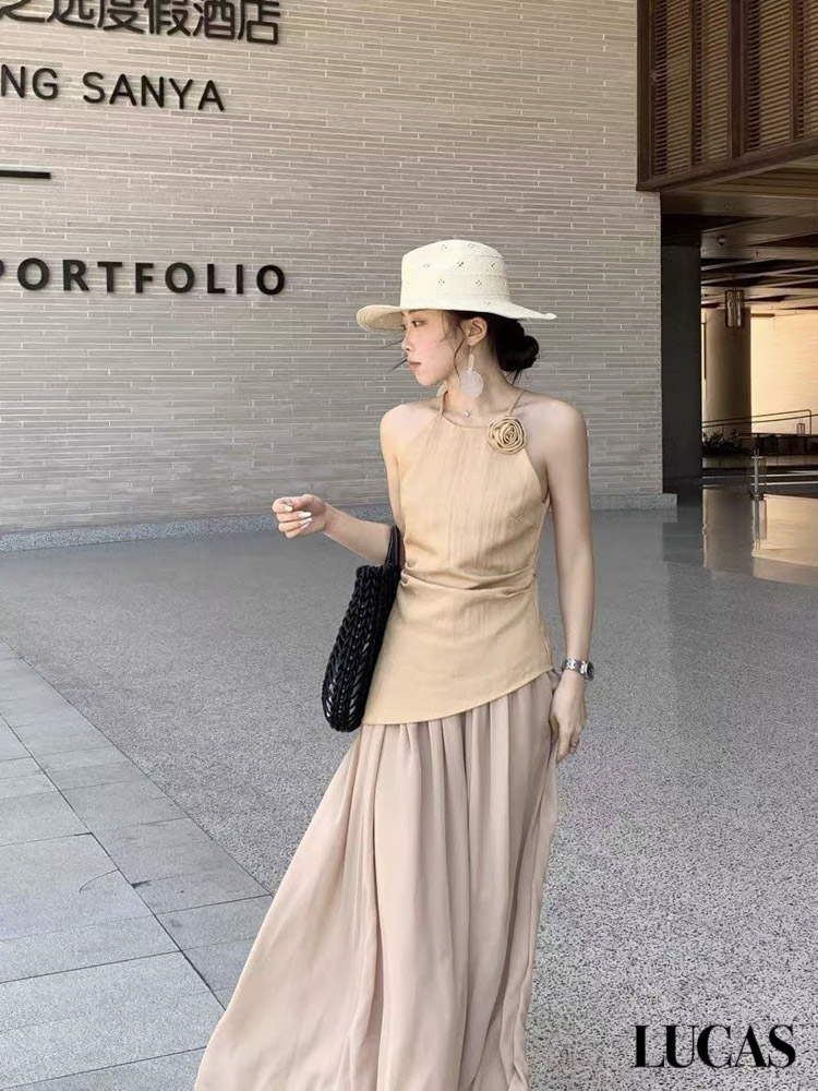 Set áo zile đũi đính hoa trà vạt chéo + chân váy xòe voan dáng maxi