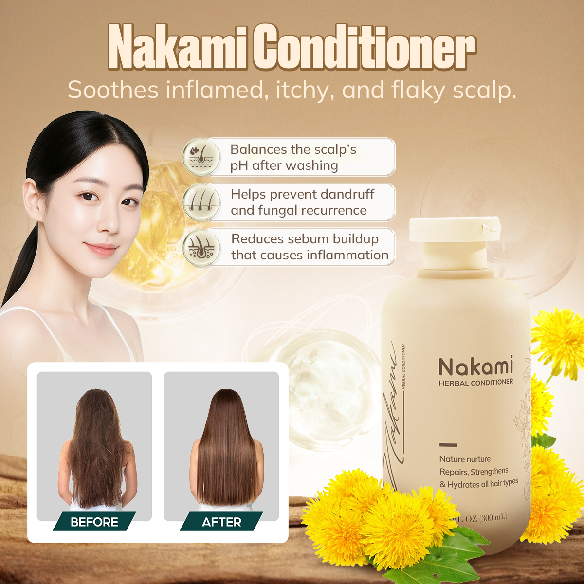 Nakami Smooth Conditioner for damaged hair restore The Japan No.1 Authentic 300mL - Keratin & Soy Protein