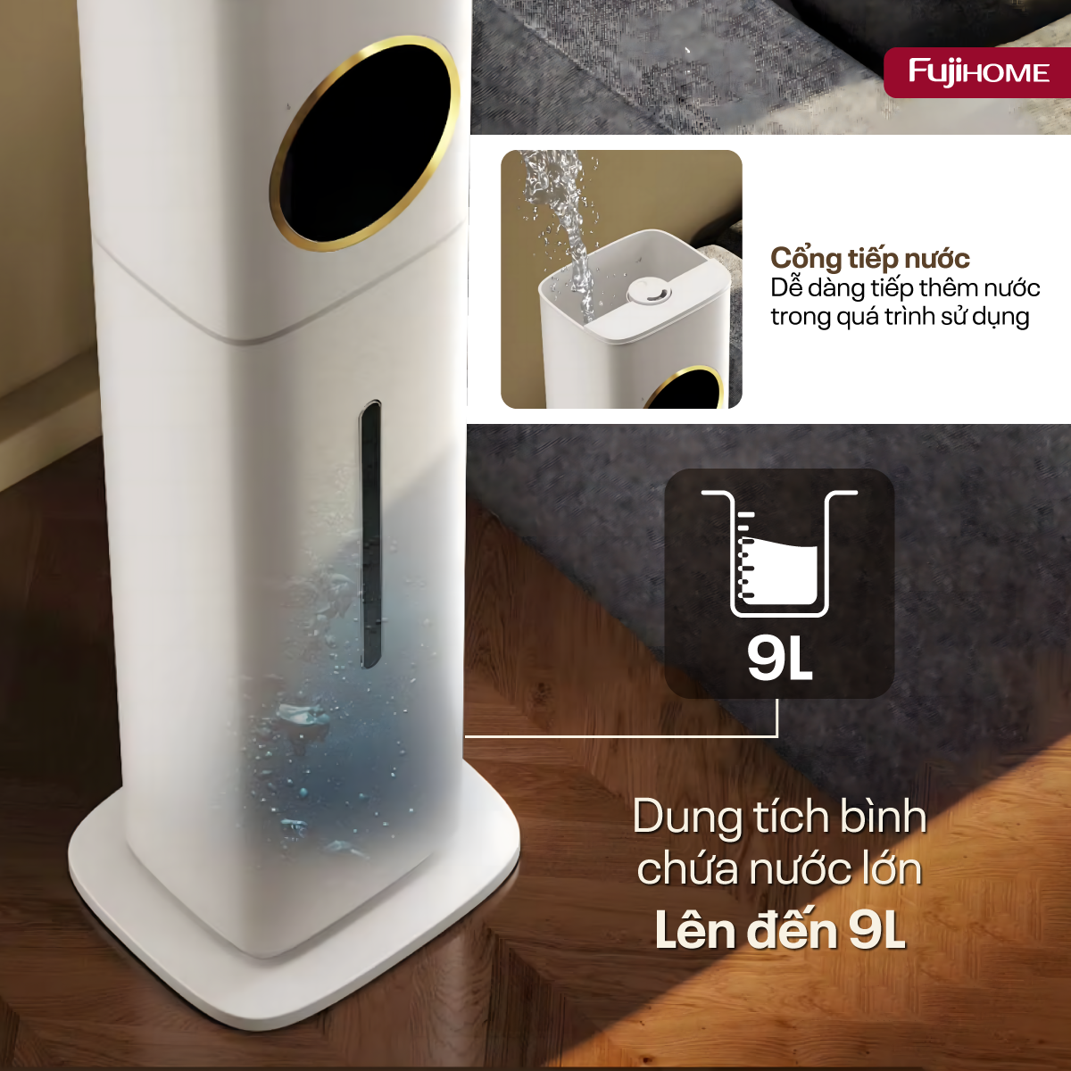 Máy tạo ẩm, xông tinh dầu, khử khuẩn UV dung tích lớn Fujihome HM09UV1_thumbnail_3