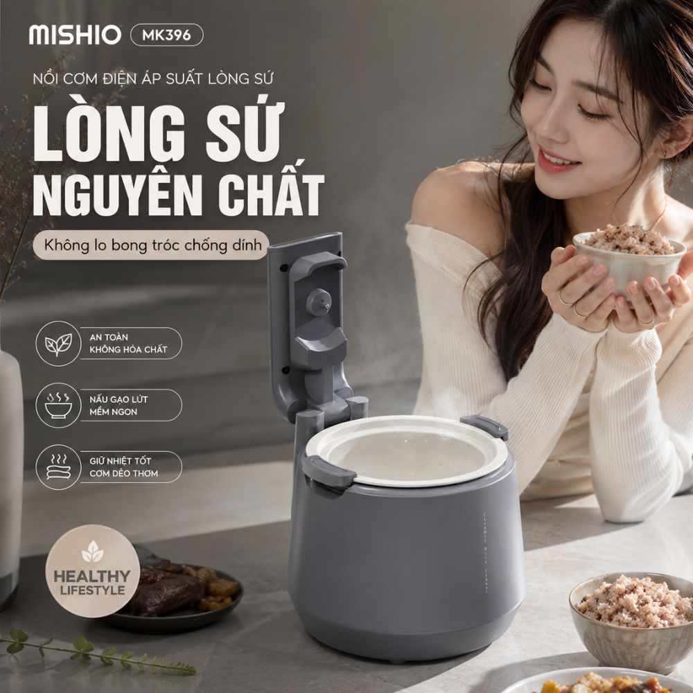 Nồi Cơm Điện Áp Suất Lòng Sứ Dưỡng Sinh Mishio MK396 dung tích 0.8L cho 1-2 người – Bí Quyết Cho Cơm Gạo Lứt_thumbnail_2