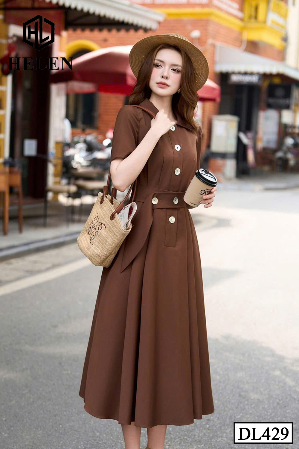 Đầm xòe màu nâu cổ đức đai eo DL429